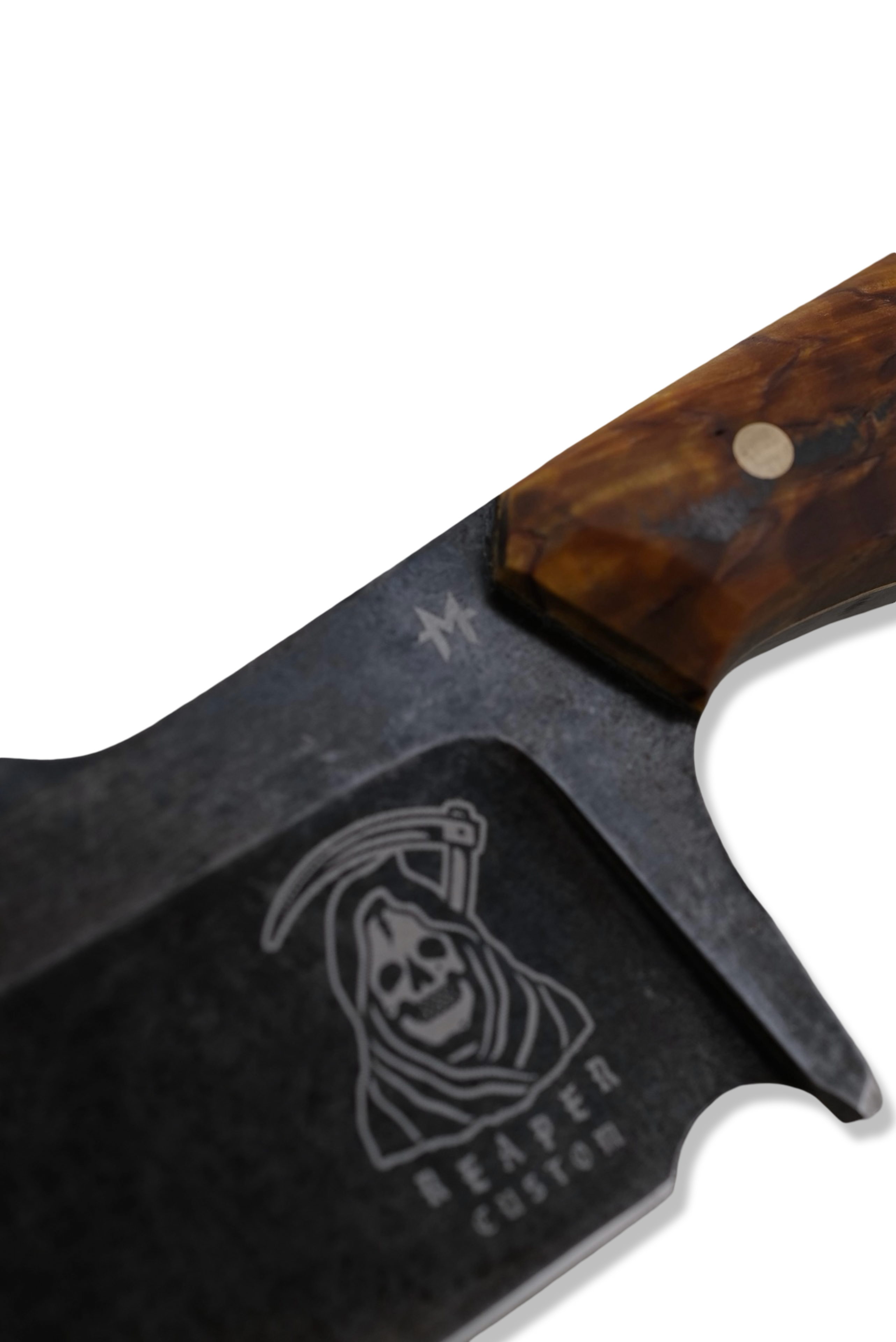 Crimson Reaper Custom 1 of 1 Fixed Blade Knife - Hollow Ground / Dark Stonewash / Starburst Birch Handle / Brass Liners / Sheath Included