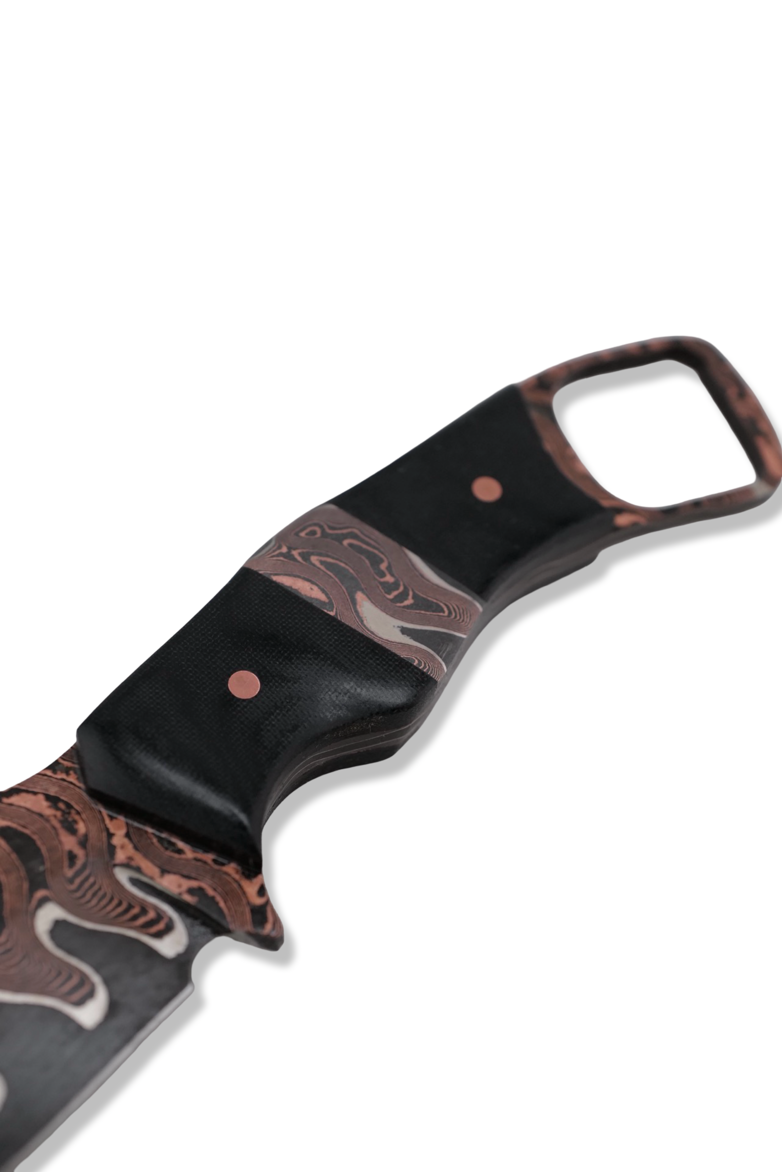 CUSTOM Baker Forge RPM Iron Wolf - Copper-Mai Damascus / Black Micarta / Baker Forge Copper Mai Damascus Inlay / Black G-10 Liner USA Made Leather Sheath Included