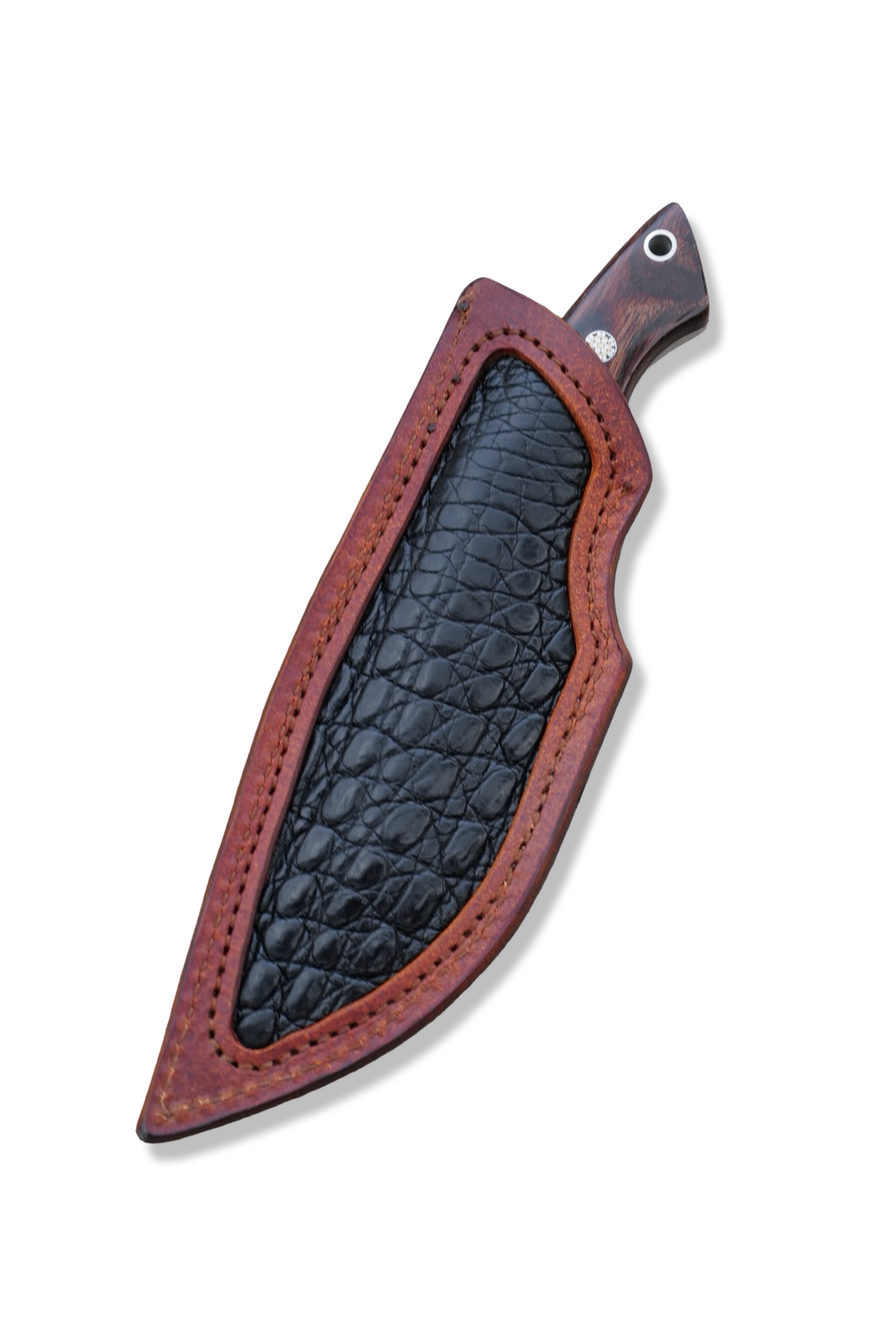 “ ODB “ Custom PROTOTYPE - Baker Forge Tigermai / Bronze + Copper Damascus / Dyma Walnut Handle / Copper - Nickel - Brass Split / Mosaic Pins / Croc Inlay Sheath / Jason Knight Design