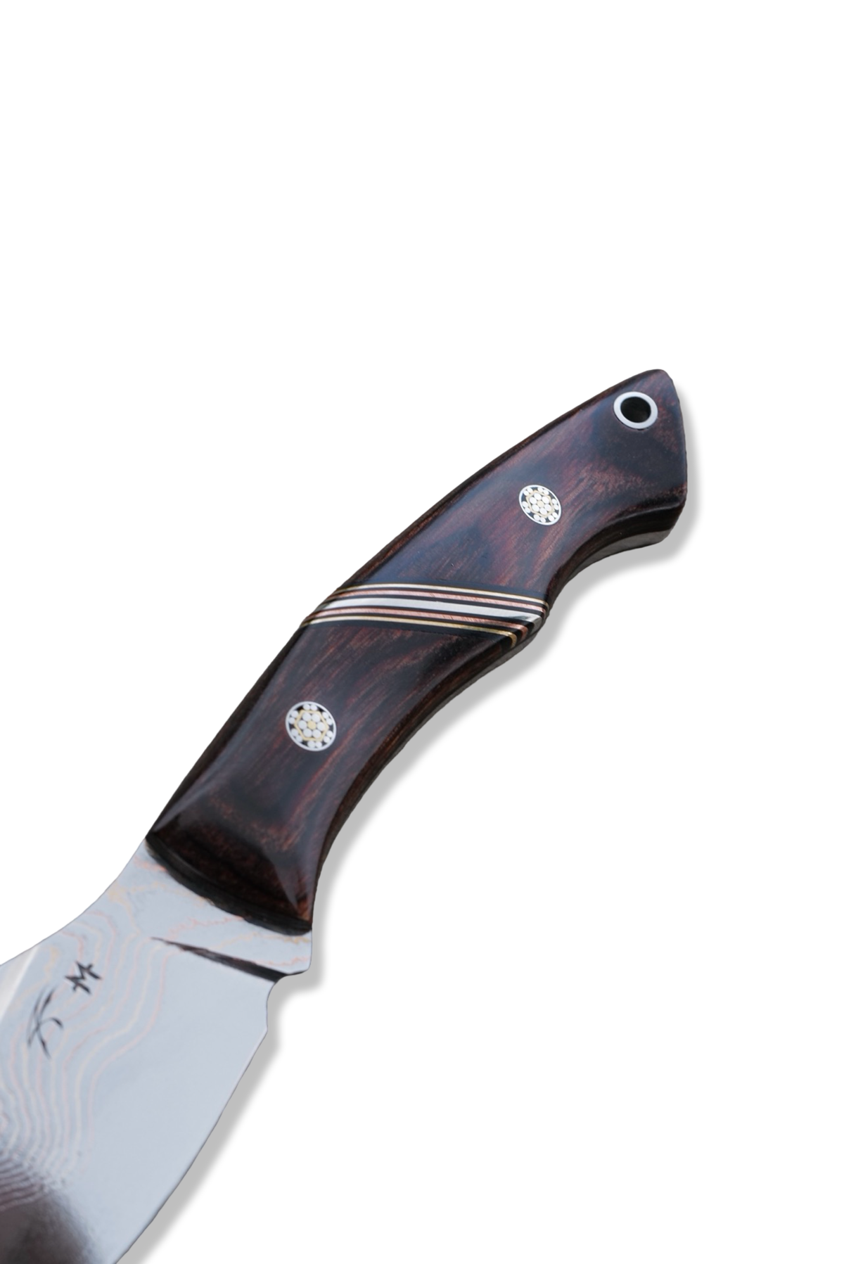 “ ODB “ Custom PROTOTYPE - Baker Forge Tigermai / Bronze + Copper Damascus / Dyma Walnut Handle / Copper - Nickel - Brass Split / Mosaic Pins / Croc Inlay Sheath / Jason Knight Design