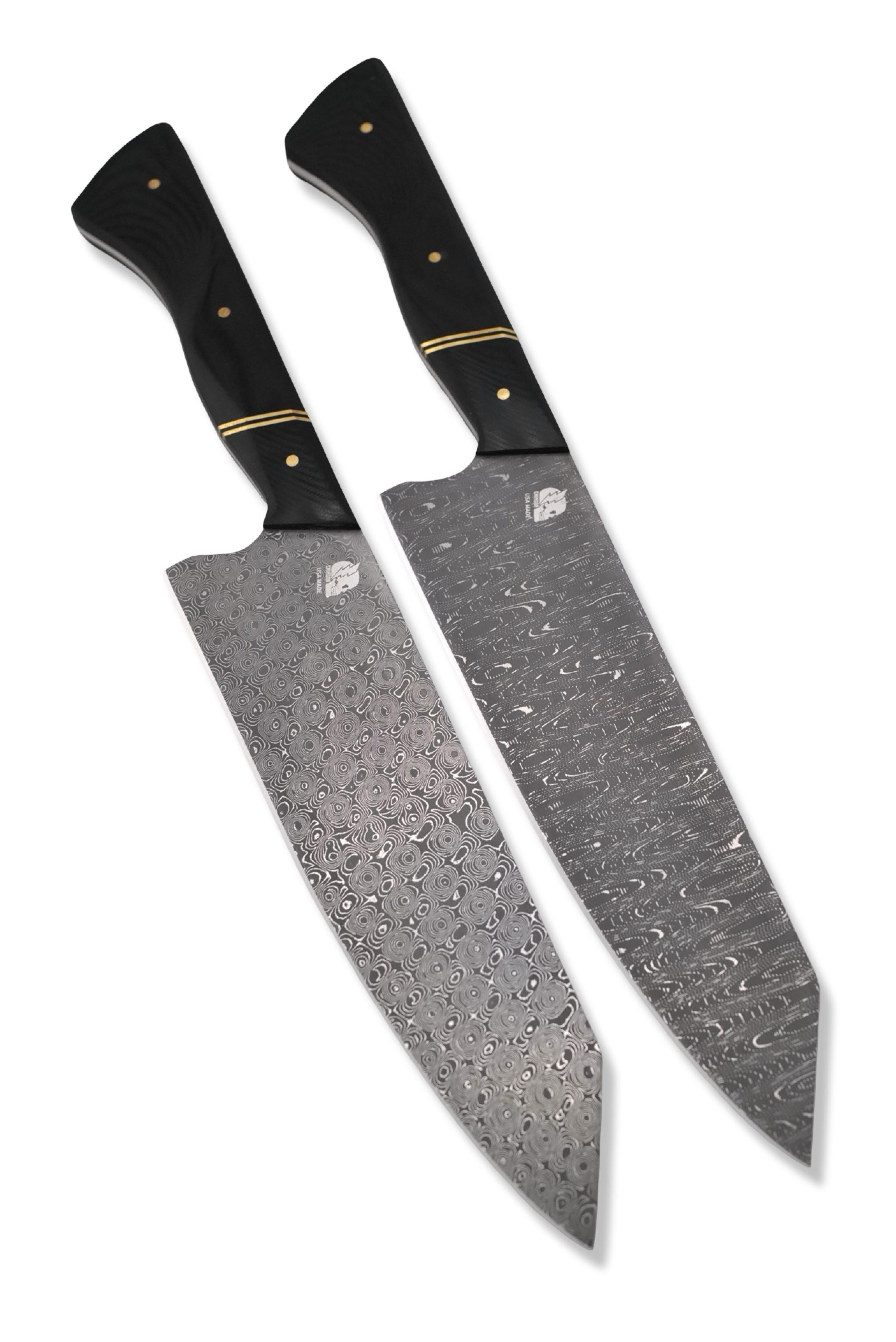 Custom Chef Pair - Vegas Forge Stainless Damascus / Black G-10 Handle / Brass Splits + Hardware
