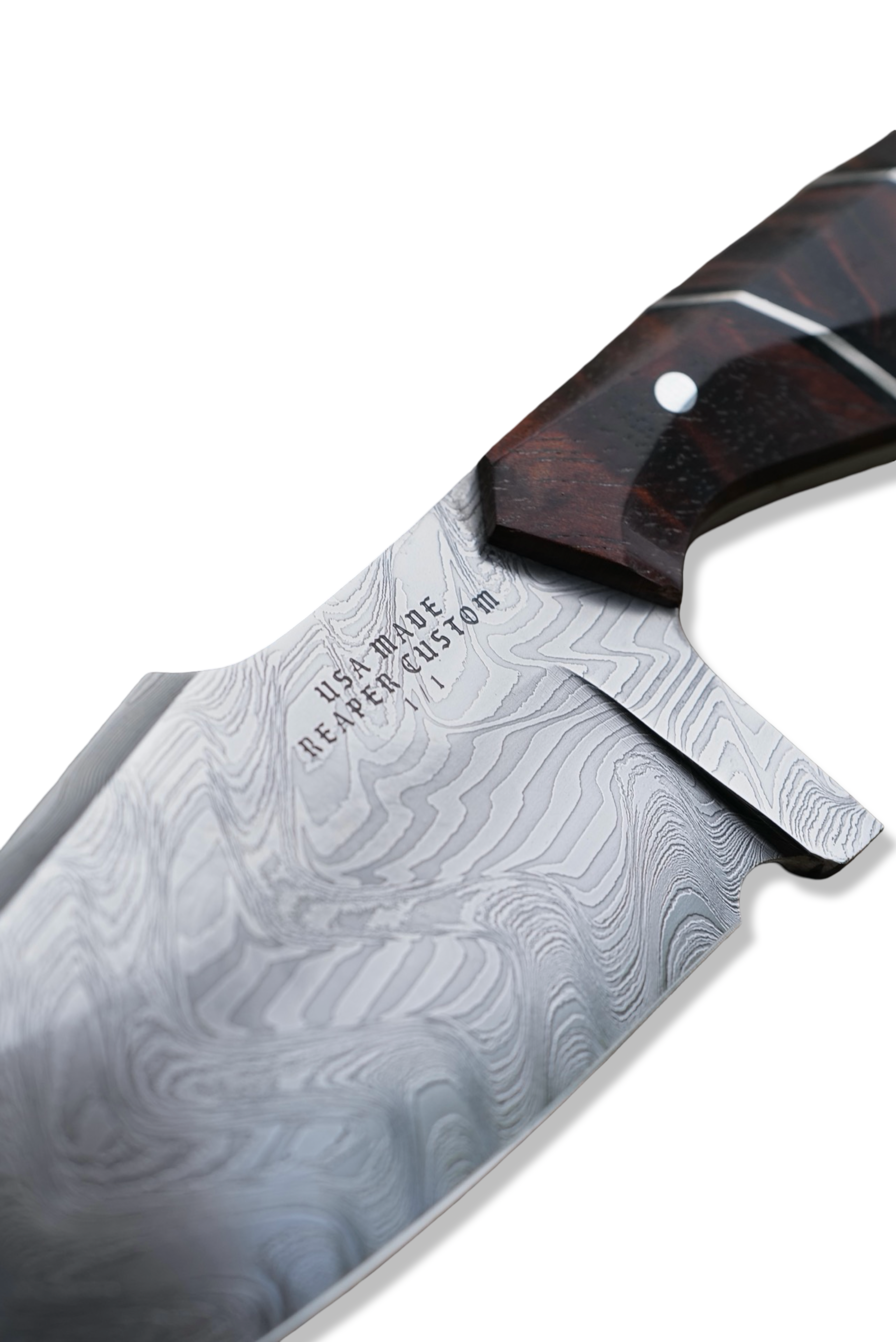 Reaper Custom 1 of 1 - Baker Forge Zeus Damascus / Hawaiian Koa / Double Nickel Splits / Black G-10 Liner / Sheath Included