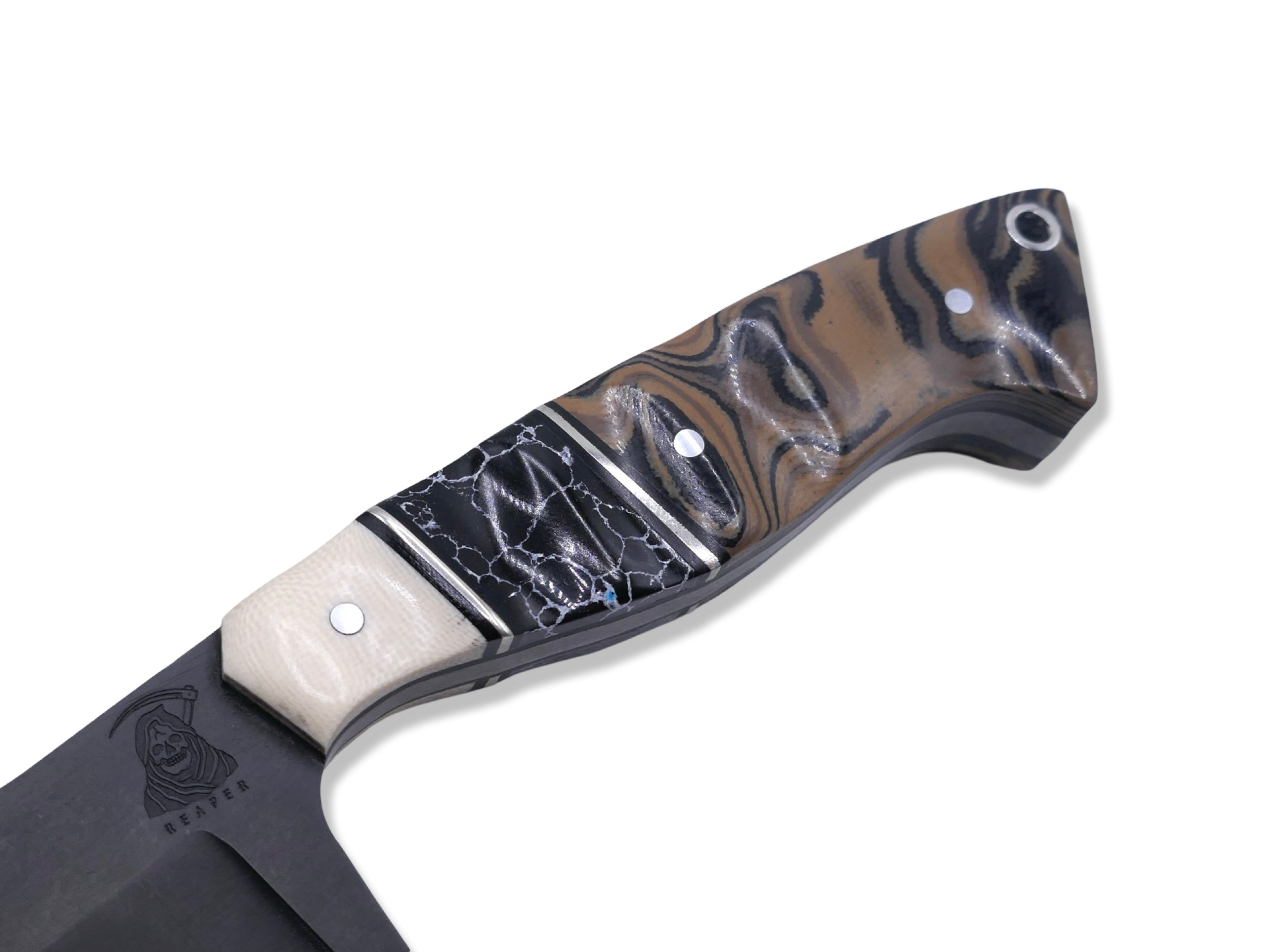 Reaper Custom 1 of 1 - Compound Grind / Tungsten Finish / Ivory G-10 / Nickel Splits/ Tru Stone Inlay / G-10 Burl