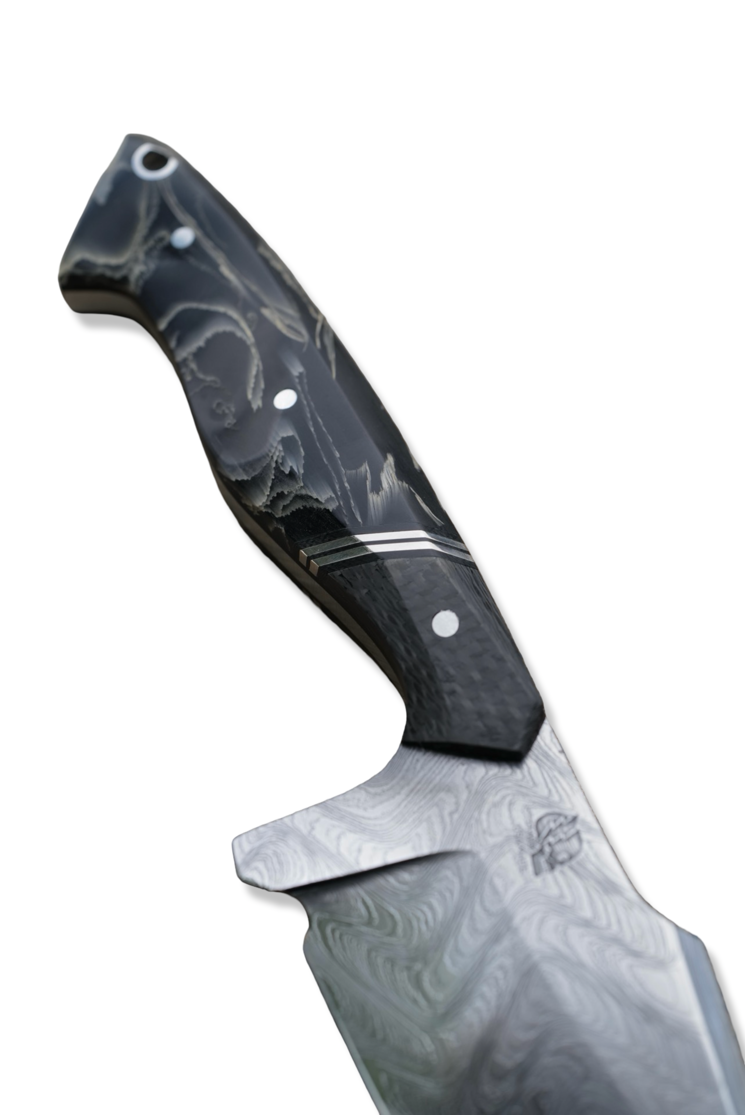 Reaper Custom 1 of 1 - Baker Forge Zeus Damascus / Carbon Fiber Front / Double Nickel Split / Composite Flame Handle / Black Liner / Sheath Included