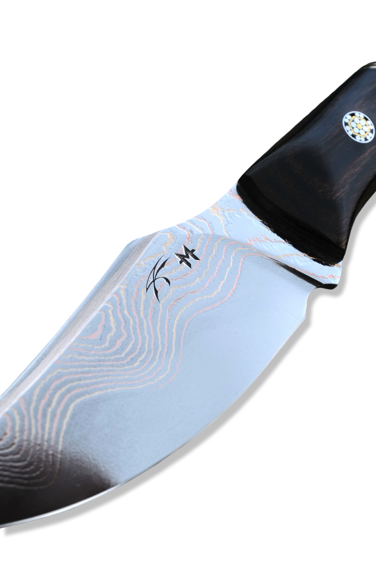 “ ODB “ Custom PROTOTYPE - Baker Forge Tigermai / Bronze + Copper Damascus / Dyma Walnut Handle / Copper - Nickel - Brass Split / Mosaic Pins / Croc Inlay Sheath / Jason Knight Design
