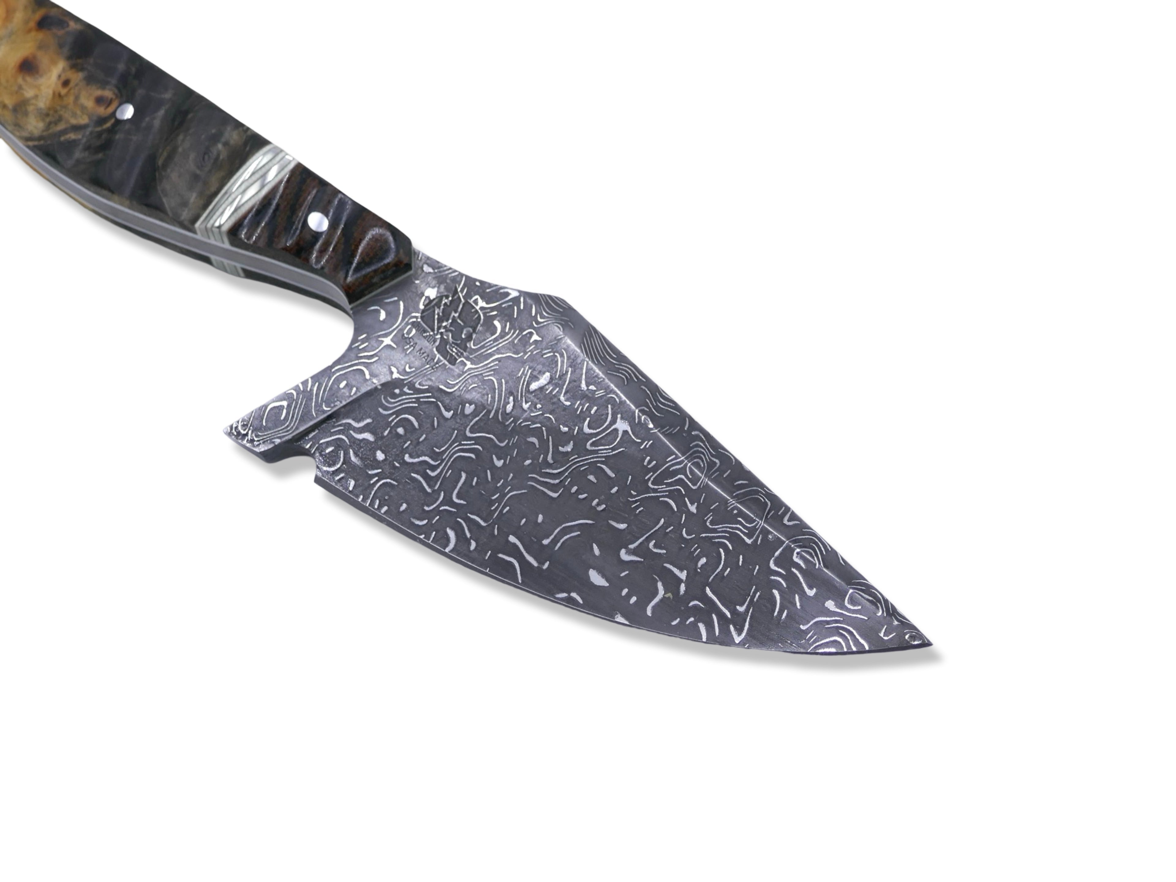 “Pro Reaper“ Custom 1 of 1  Vegas Forge Stainless Damascus - 70’s Westinghouse / White + Nickel Splits / Burl Handle