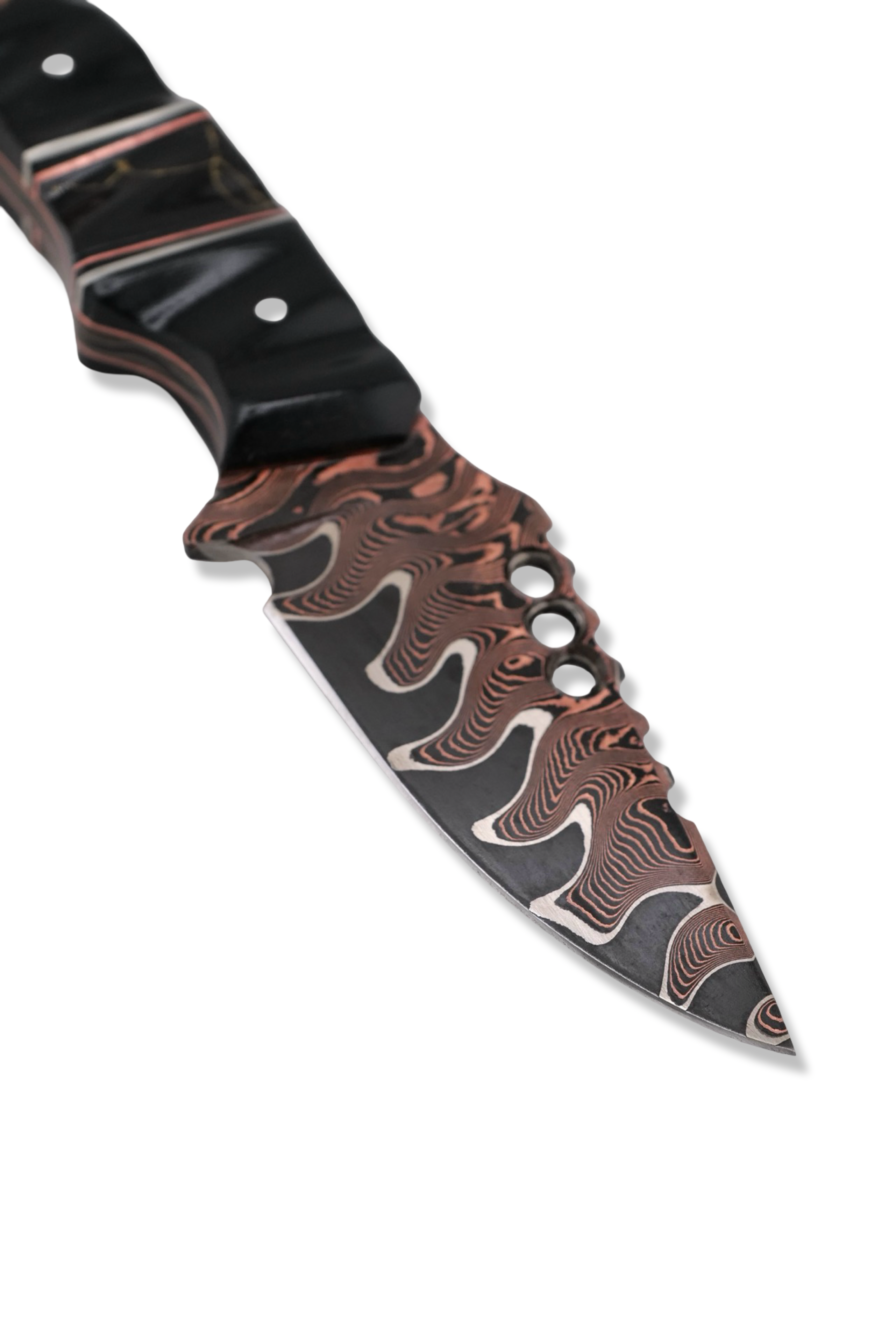 CUSTOM Baker Forge RPM Iron Wolf - Copper-Mai Damascus / Black G-10 / Nickel + Copper Split / Tru Stone Inlay / Copper Liner / USA Made Leather Sheath Included