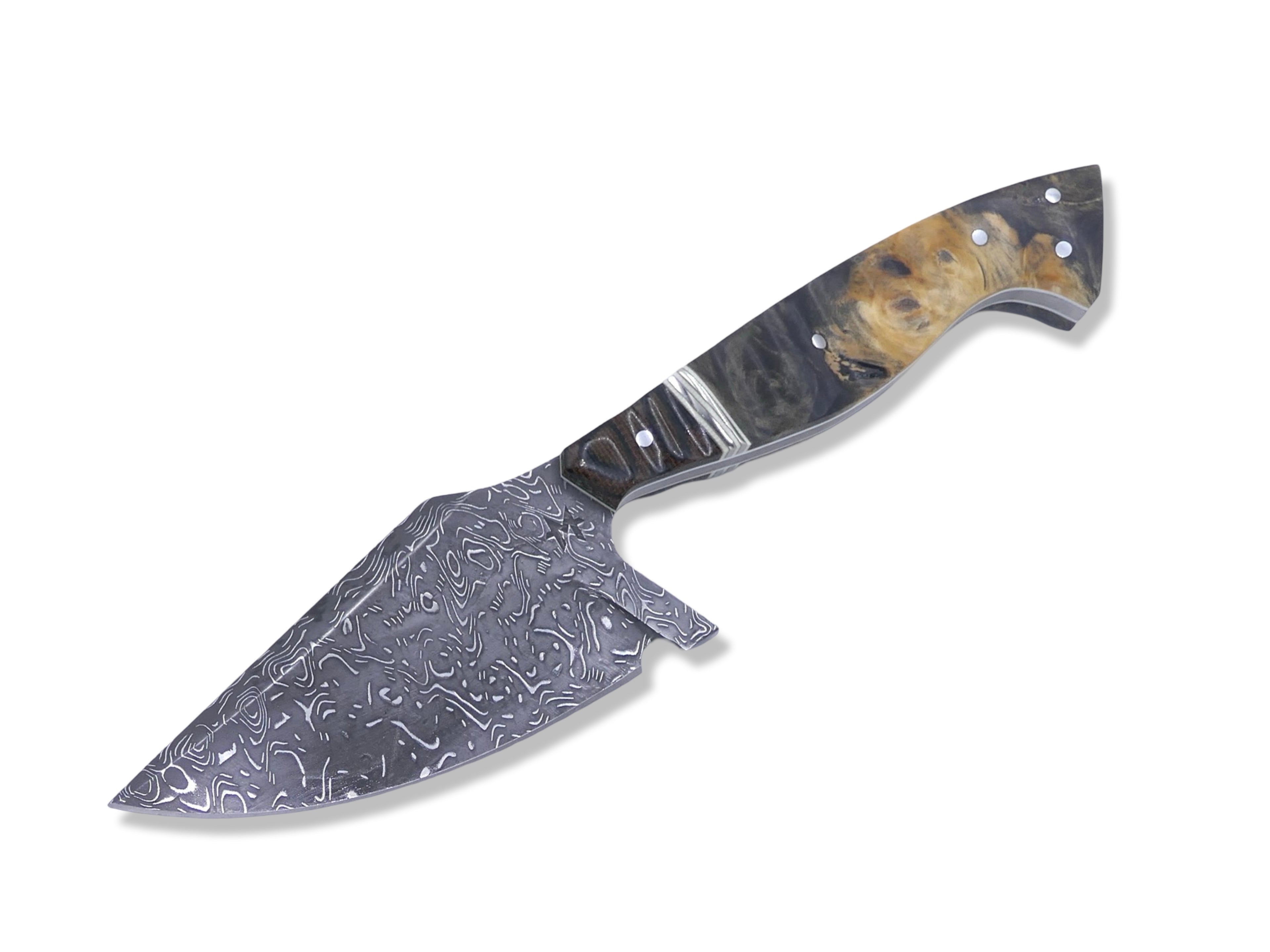 “Pro Reaper“ Custom 1 of 1  Vegas Forge Stainless Damascus - 70’s Westinghouse / White + Nickel Splits / Burl Handle
