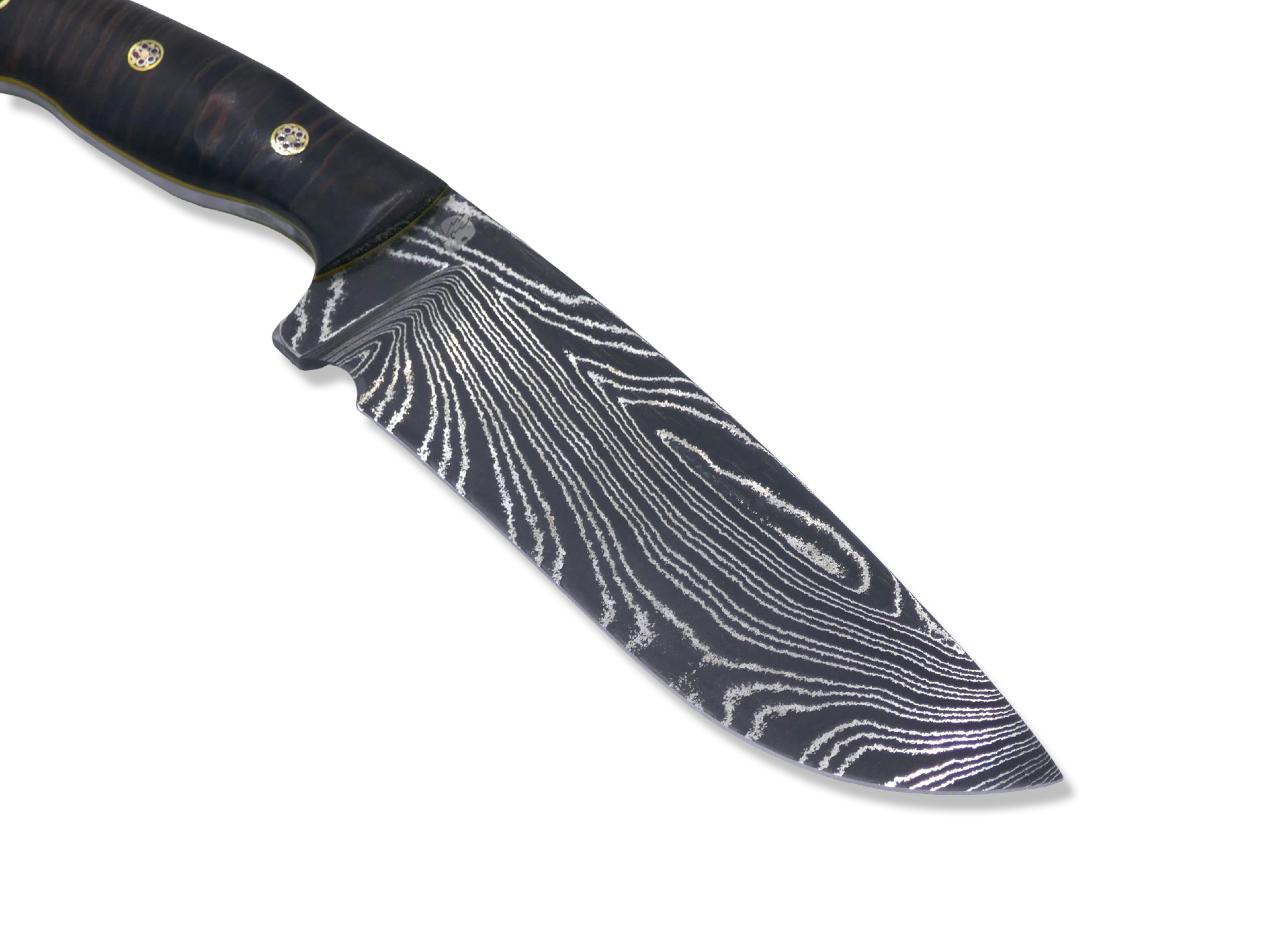 Bush Whacker Custom 1 of 1 - Vegas Forge Damascus / Hawaiian Koa / Brass Mosaic Pins / Yellow G-10 Liner