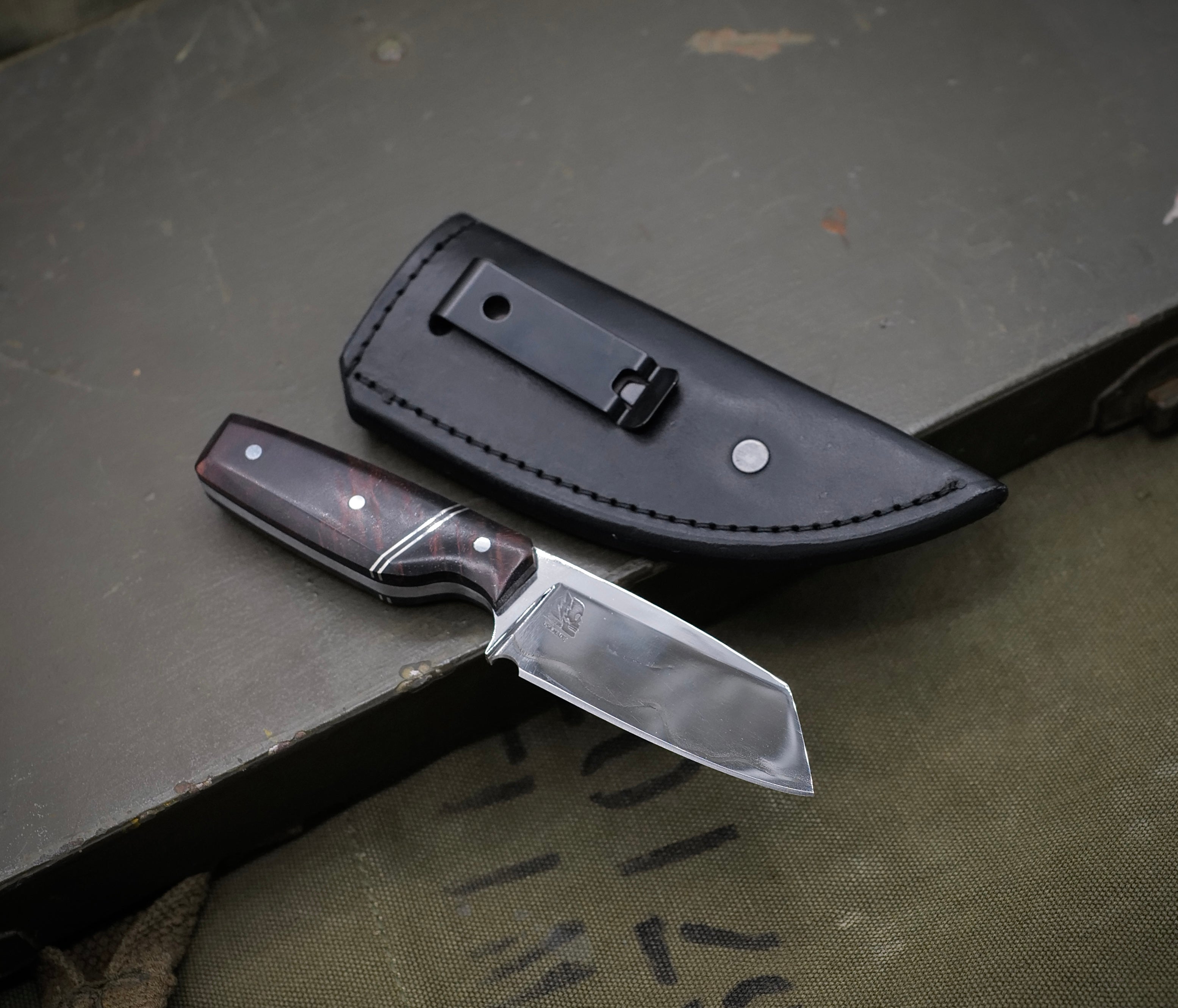 Roach 1 of 1 Custom - Mirror Polish Baker Forge Stainless Damascus / Hawaiian Koa / Double Nickel Split / Black G-10 Liner / SHEATH INCLUDED