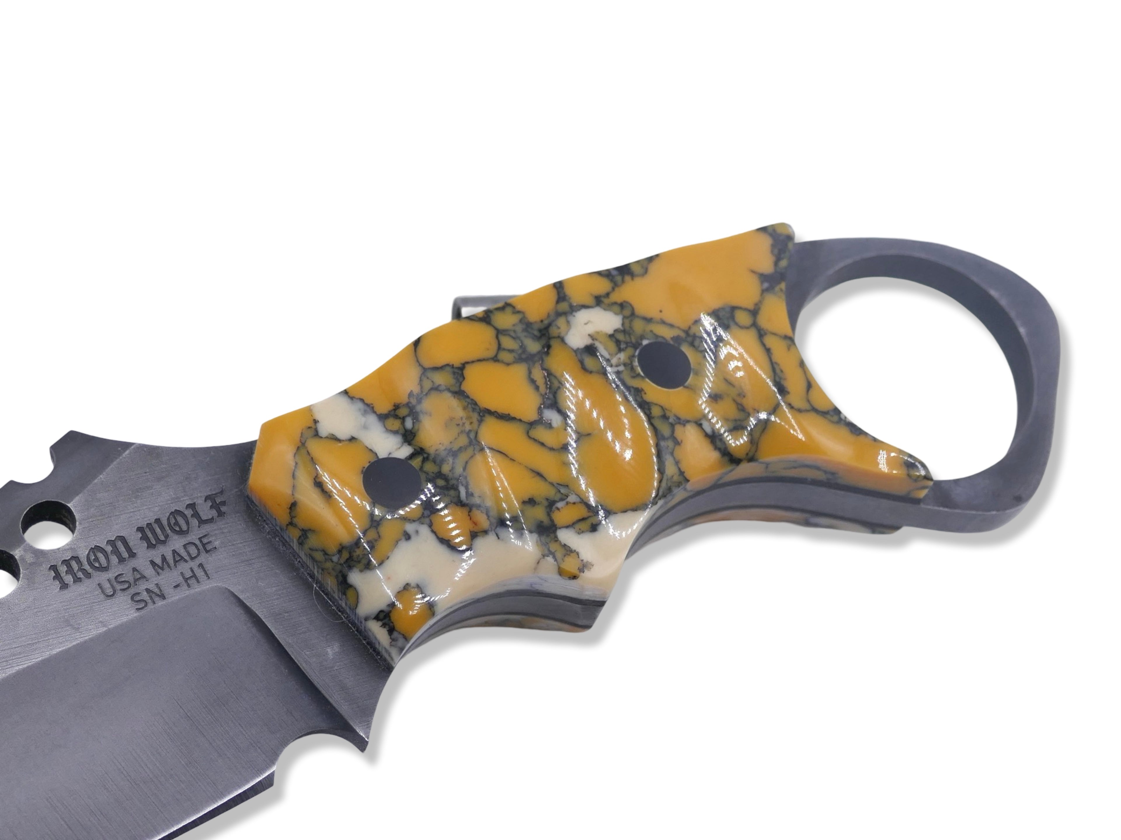 IRON WOLF Custom 1 of 1  -  Tungsten Finish / Tru Stone Handle / Black G-10 Liner / Carbon Fiber Pins / USA MADE