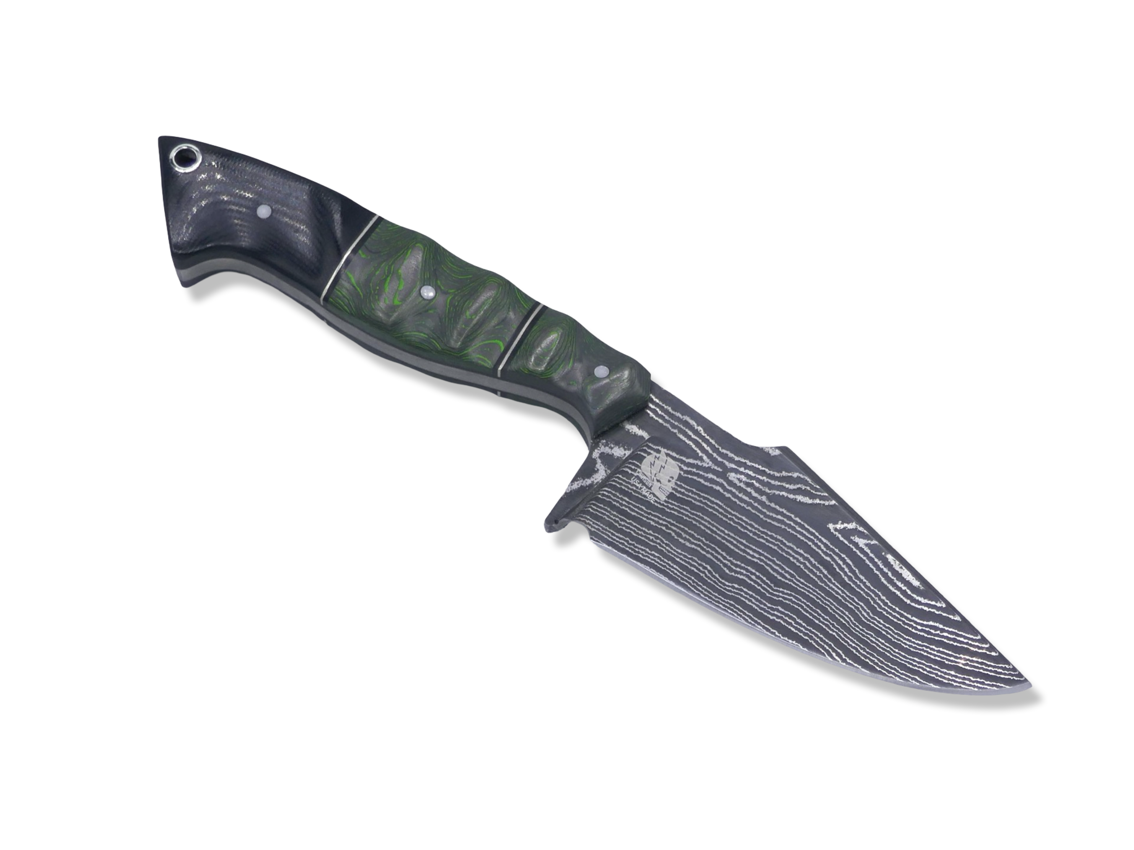 Reaper Custom 1 of 1 - Vegas Forge Damascus / Toxic Moss Camo Carbon / Nickel Splits / Black G-10 - SHEATH INCLUDED