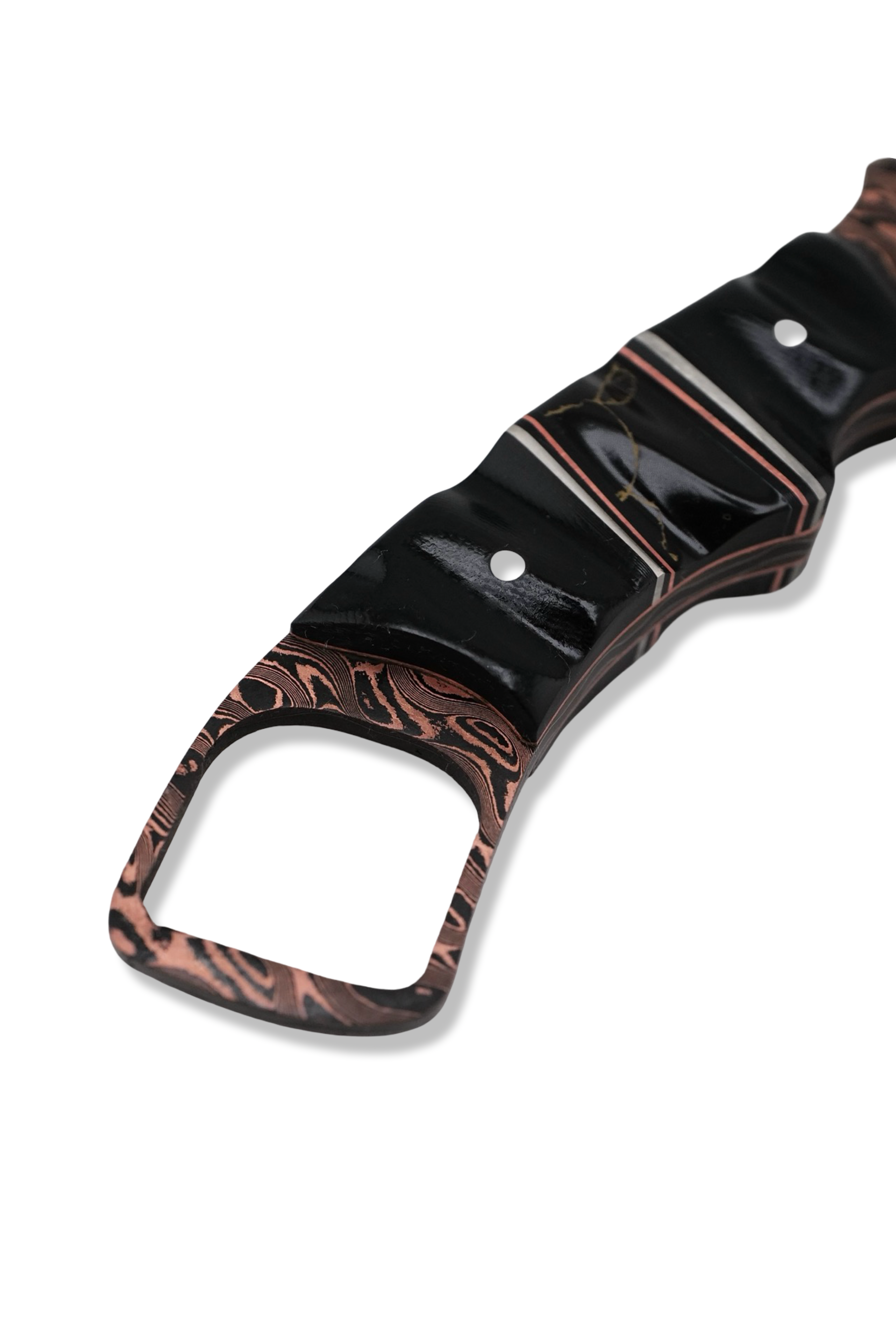 CUSTOM Baker Forge RPM Iron Wolf - Copper-Mai Damascus / Black G-10 / Nickel + Copper Split / Tru Stone Inlay / Copper Liner / USA Made Leather Sheath Included