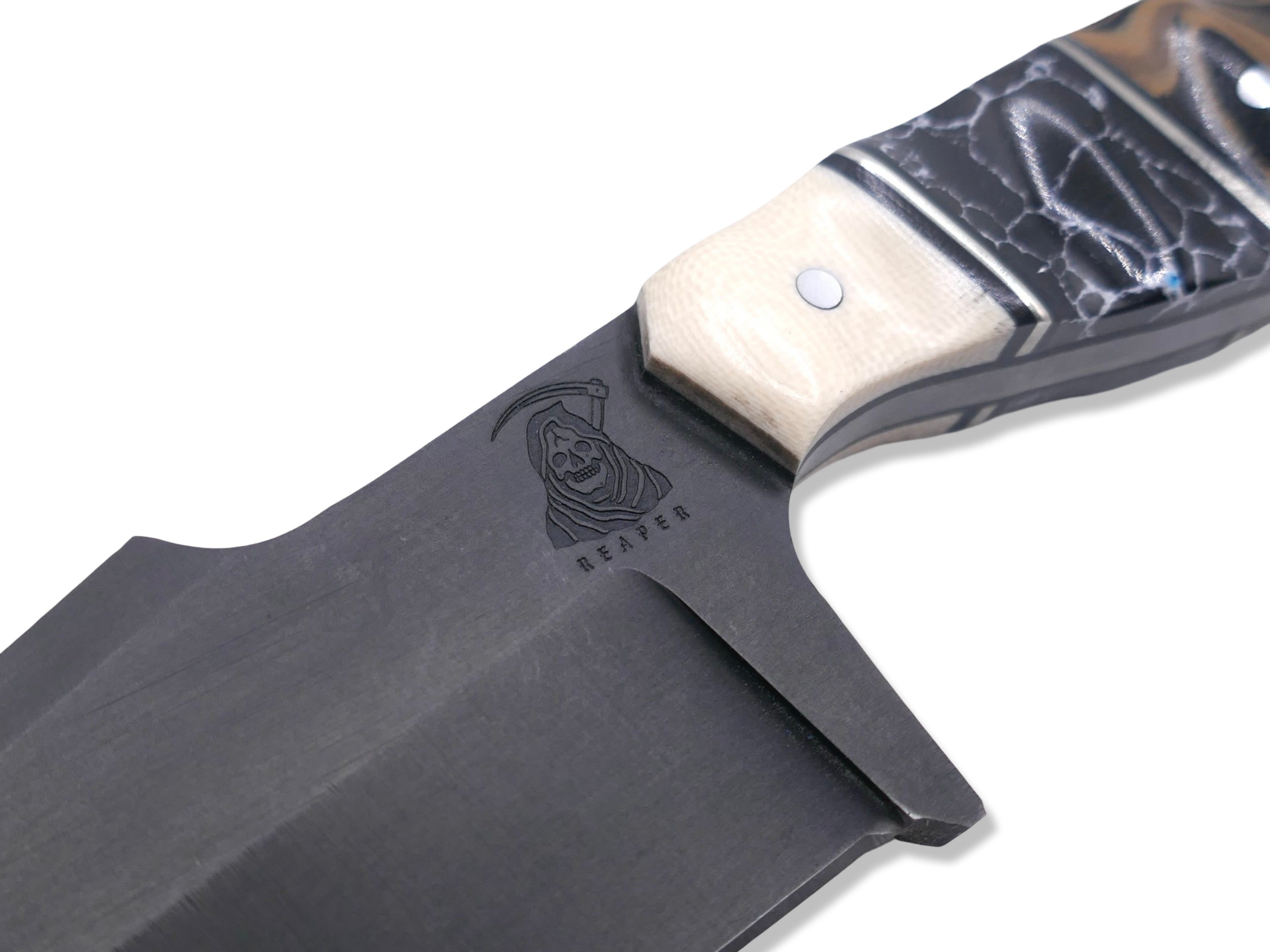 Reaper Custom 1 of 1 - Compound Grind / Tungsten Finish / Ivory G-10 / Nickel Splits/ Tru Stone Inlay / G-10 Burl