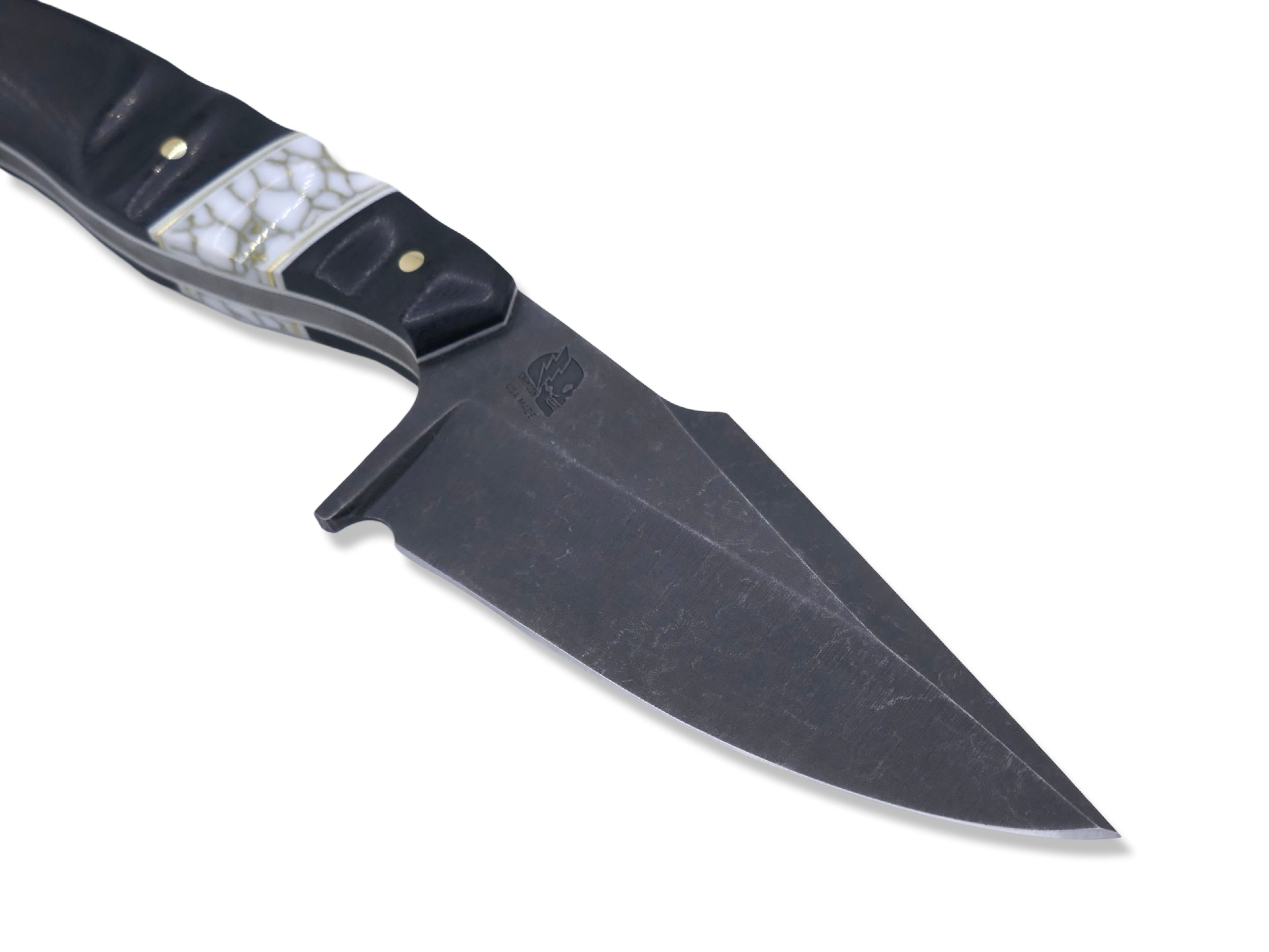 Reaper Custom 1 of 1  Harpoon Hollow Grind - Dark Stonewash / Black G-10 / White G-10 + Brass Splits / Tru Stone Inlay / White G-10 Liner