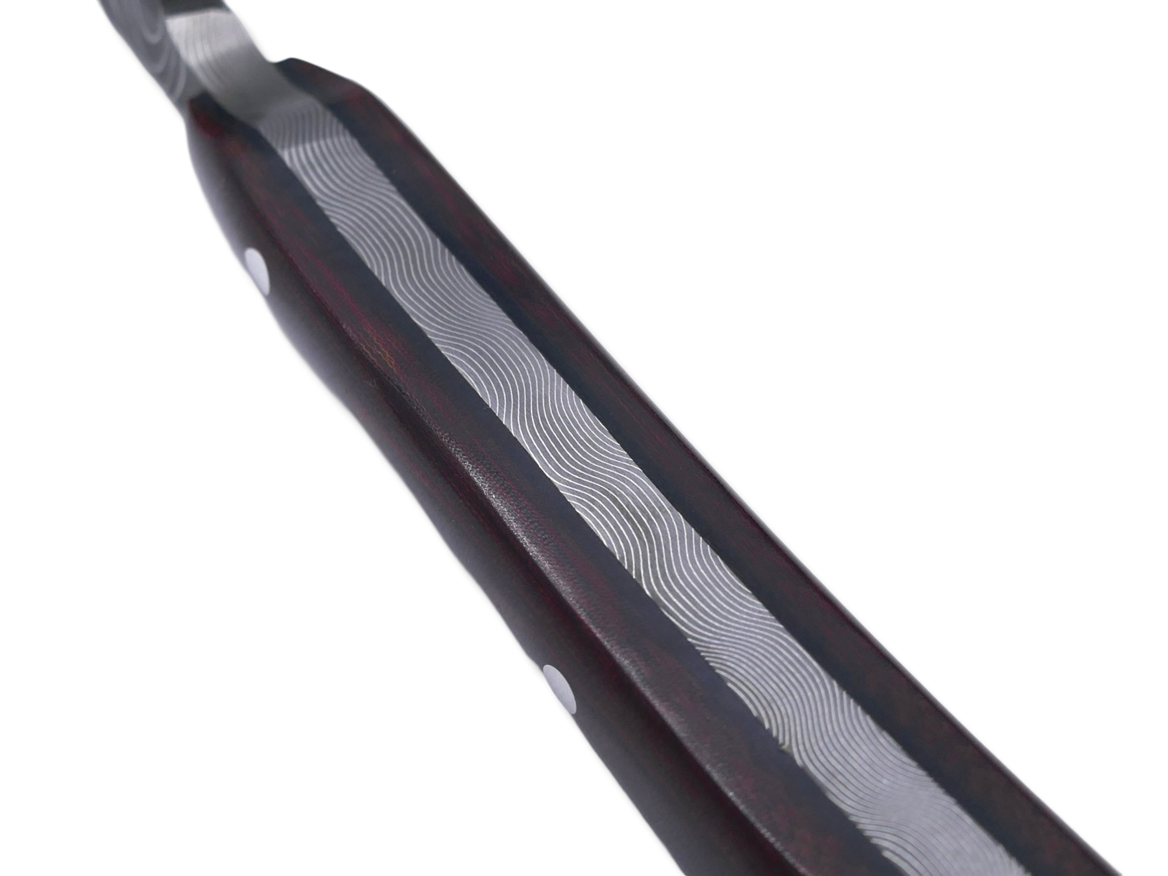 Recurve Scalpel - Vegas Forge 200 Layer Damascus / 1970’s Red Linen Vintage Westinghouse Micarta