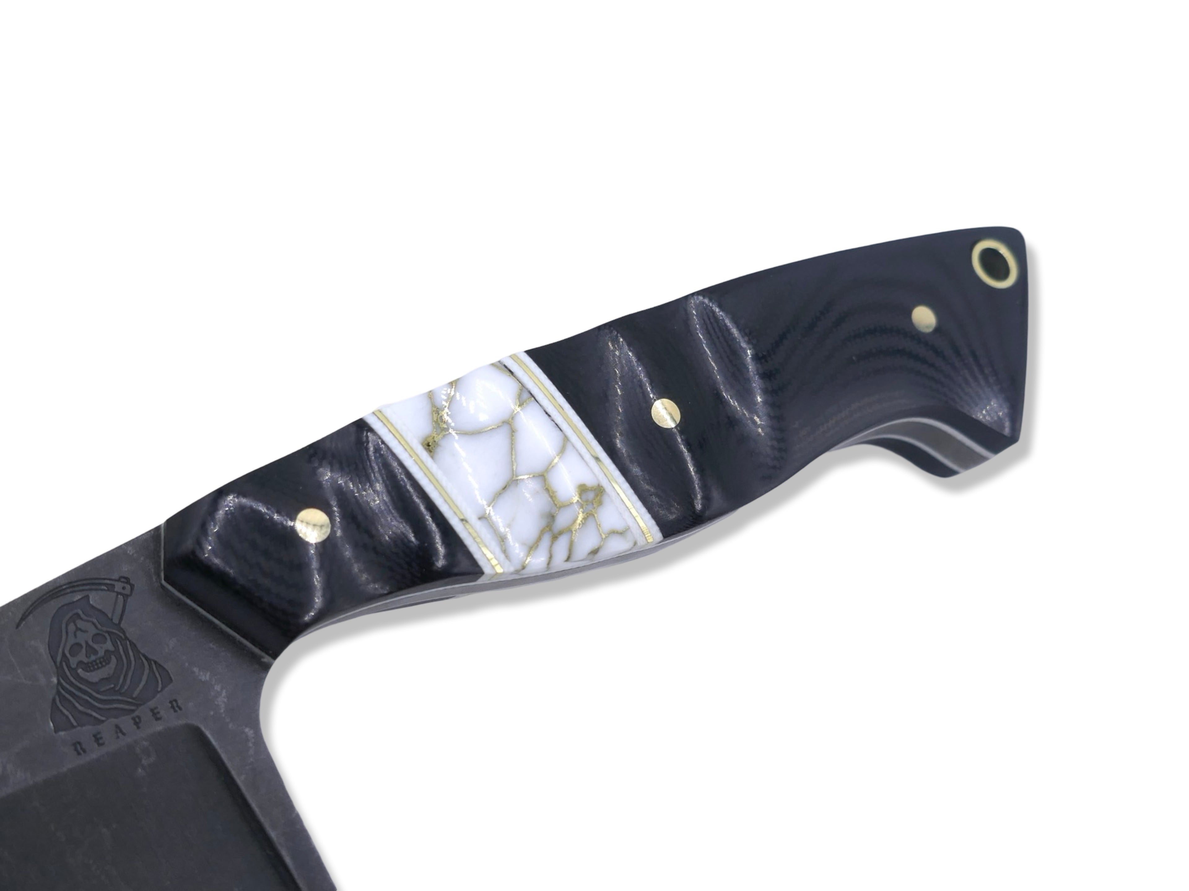 Reaper Custom 1 of 1  Harpoon Hollow Grind - Dark Stonewash / Black G-10 / White G-10 + Brass Splits / Tru Stone Inlay / White G-10 Liner