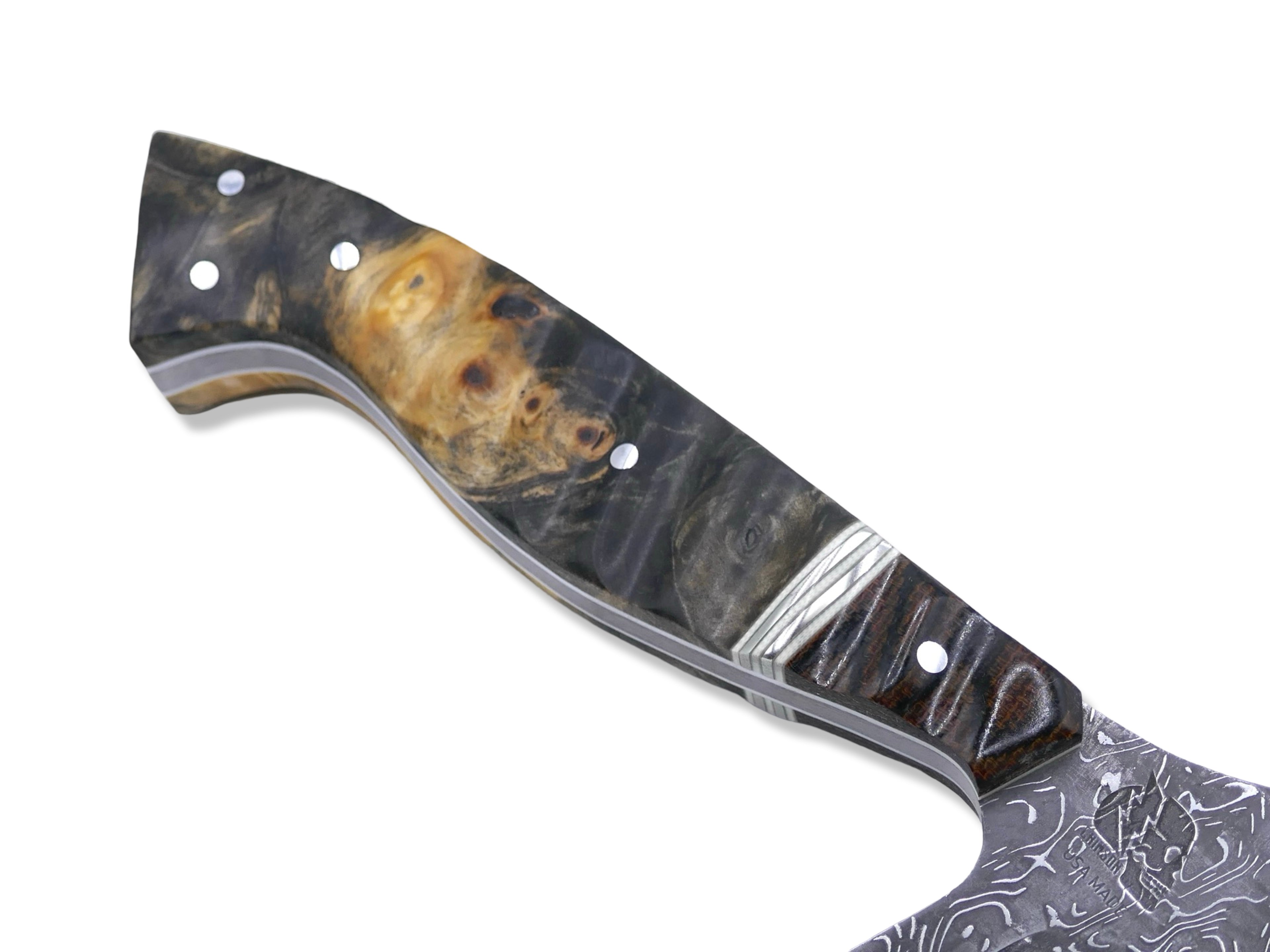 “Pro Reaper“ Custom 1 of 1  Vegas Forge Stainless Damascus - 70’s Westinghouse / White + Nickel Splits / Burl Handle