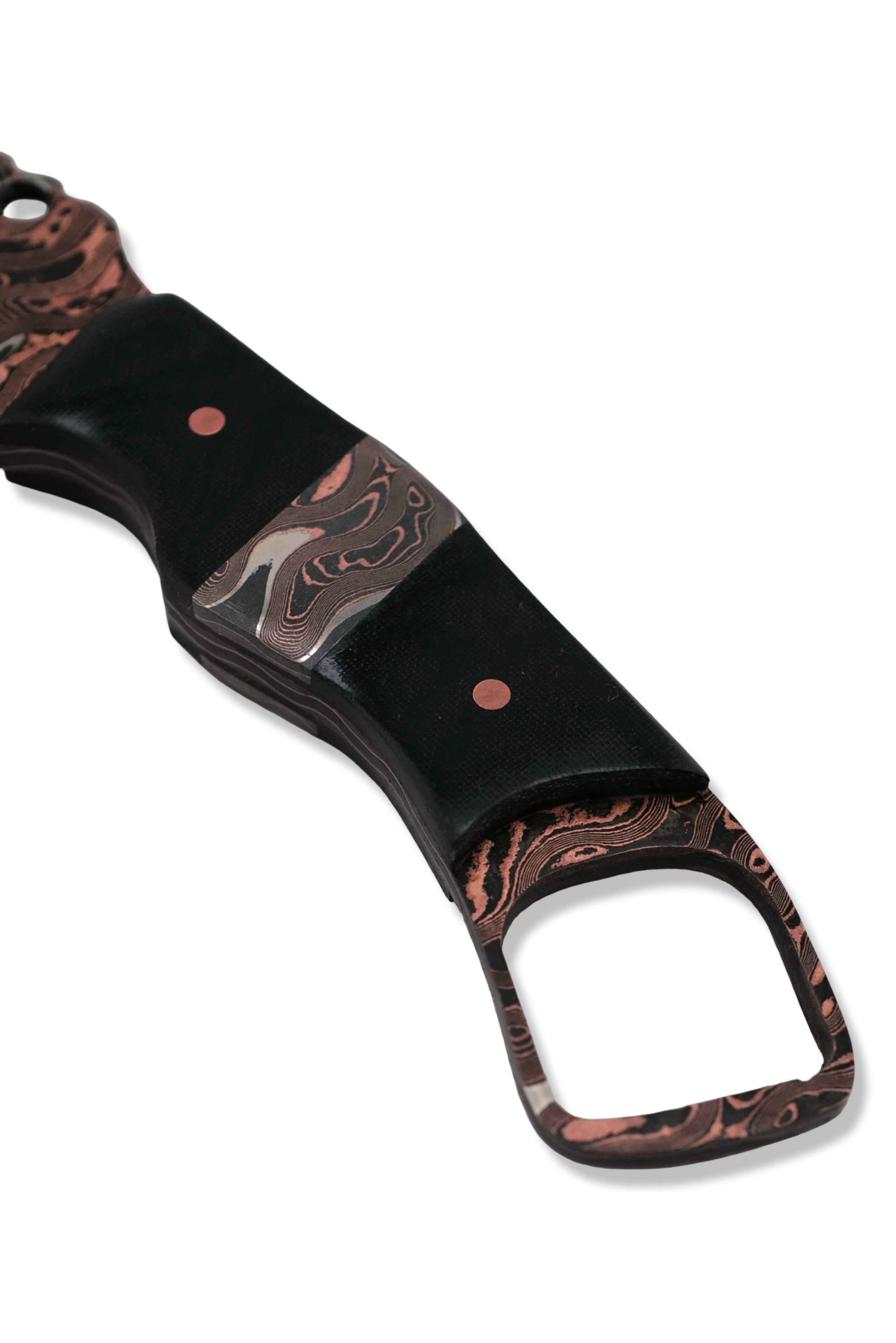 CUSTOM Baker Forge RPM Iron Wolf - Copper-Mai Damascus / Black Micarta / Baker Forge Copper Mai Damascus Inlay / Black G-10 Liner USA Made Leather Sheath Included