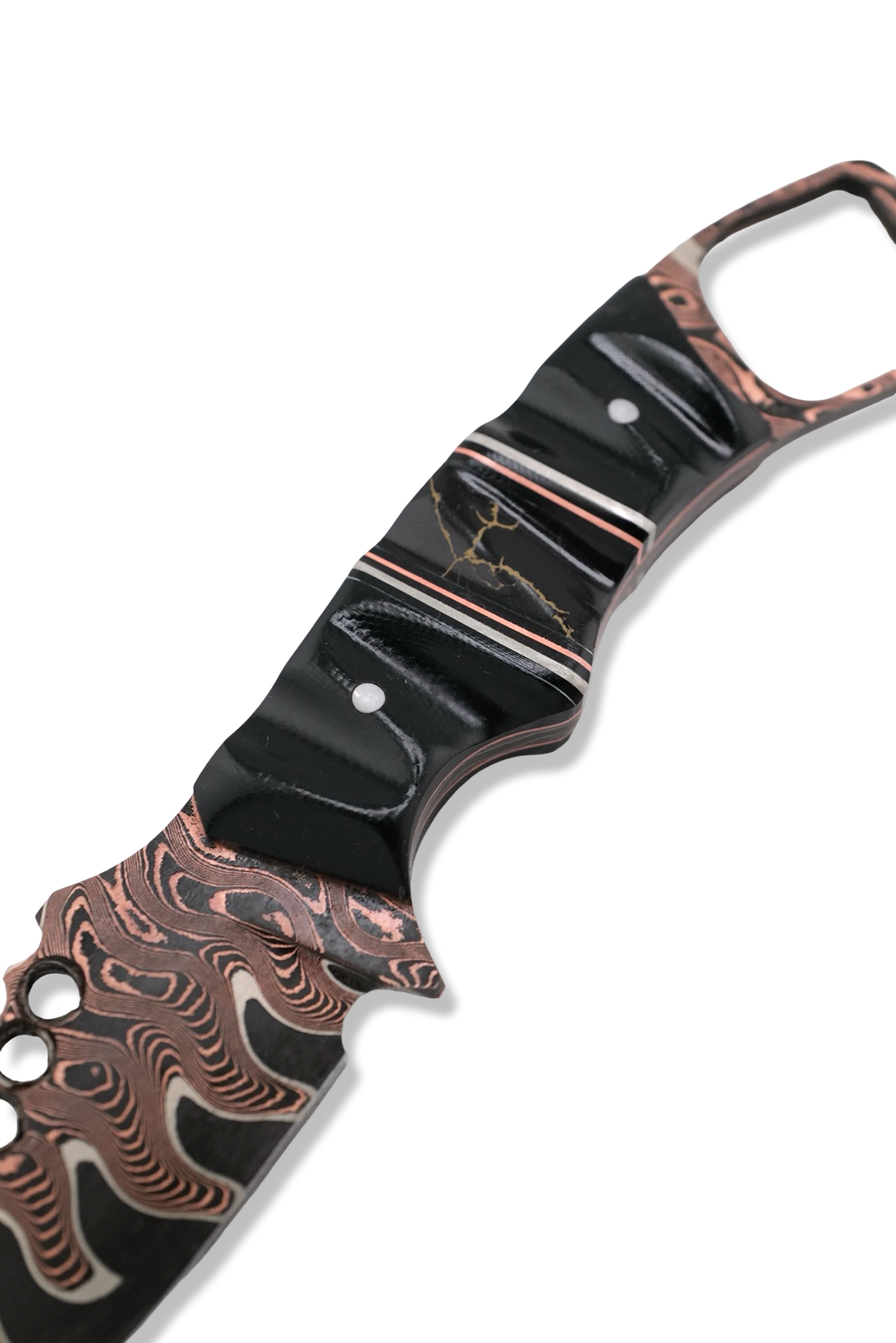CUSTOM Baker Forge RPM Iron Wolf - Copper-Mai Damascus / Black G-10 / Nickel + Copper Split / Tru Stone Inlay / Copper Liner / USA Made Leather Sheath Included