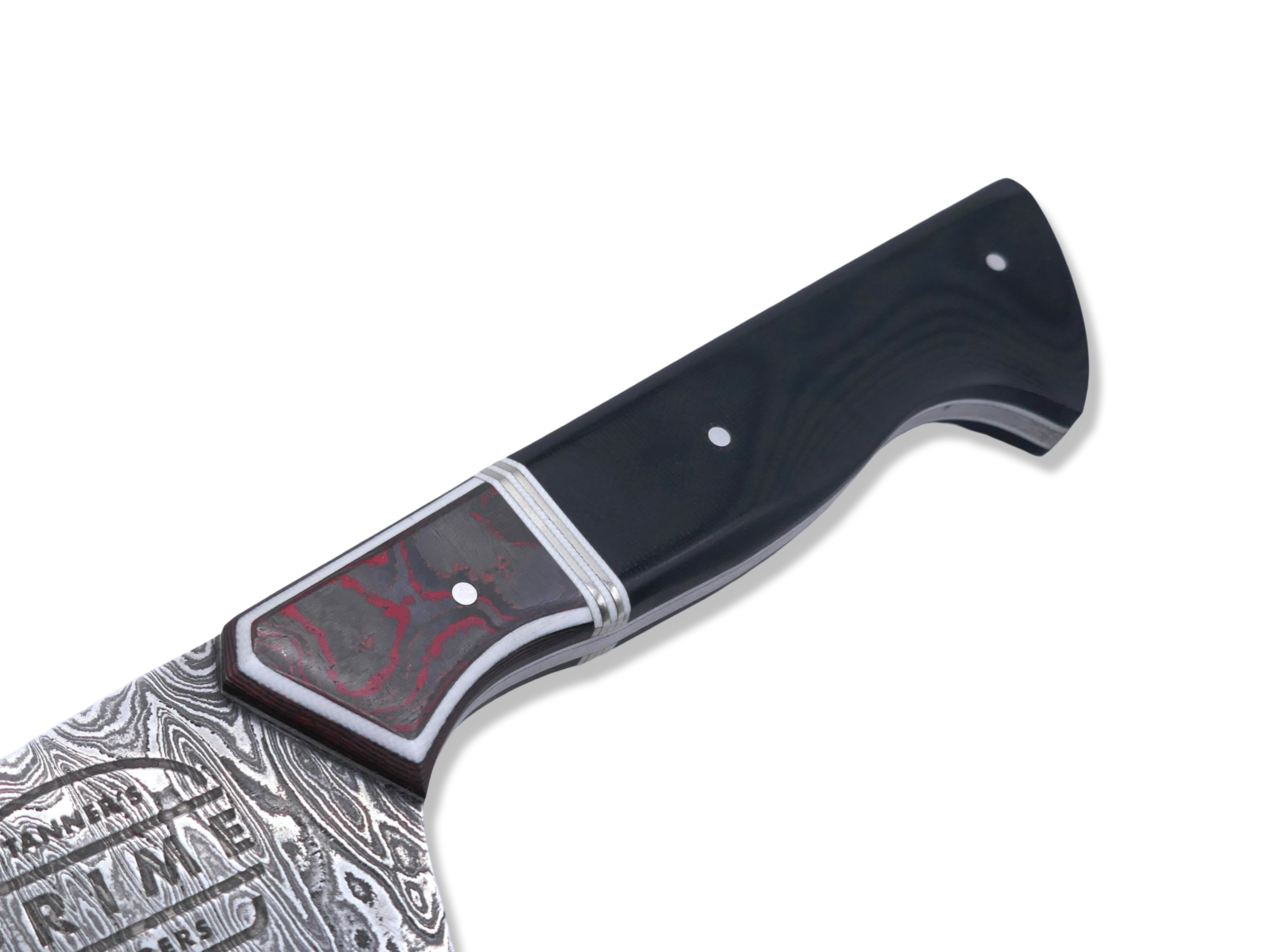 Custom Stainless Damascus Chef - Tanners Prime Burger / Camocarbon / White Liner / Double Nickel Split