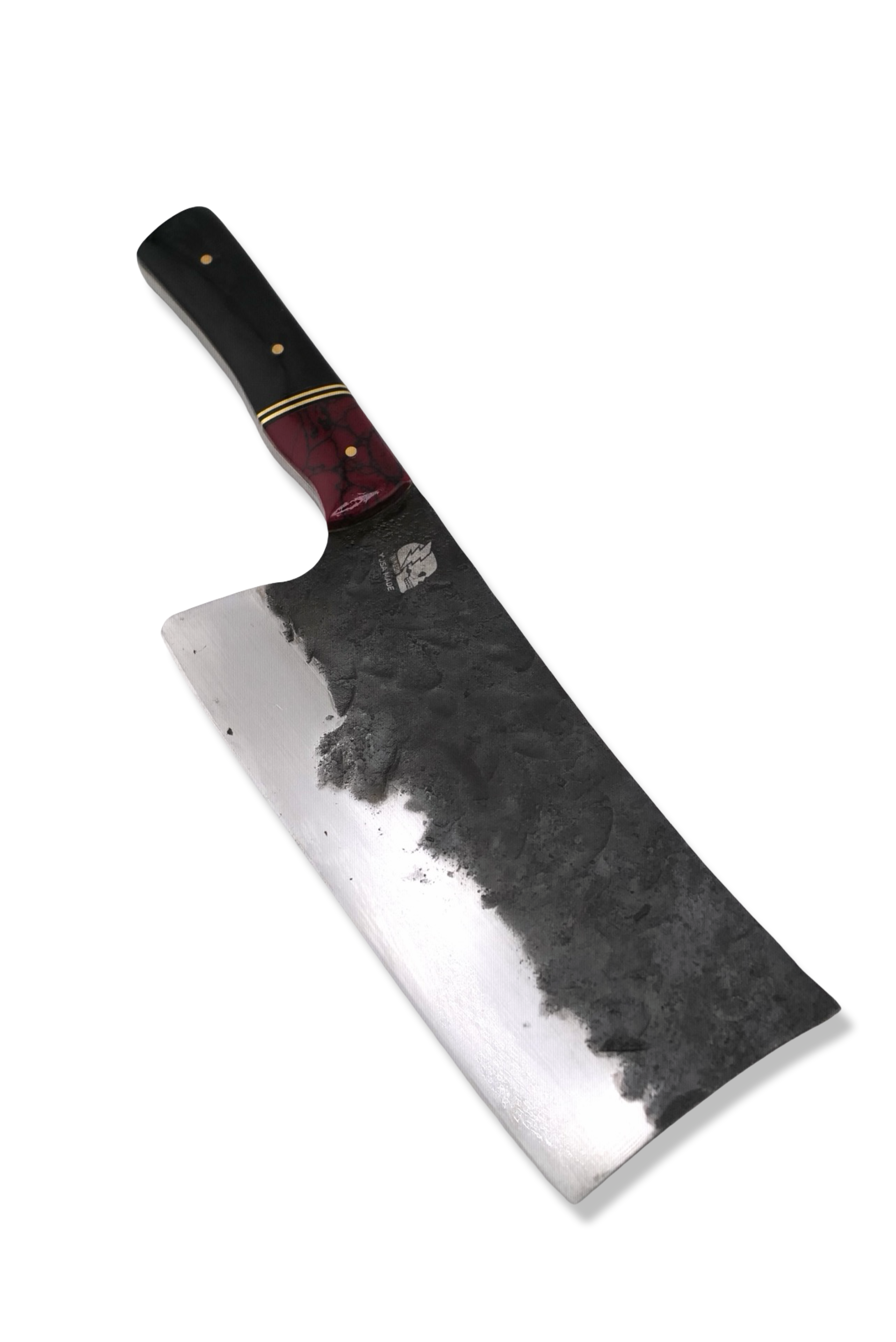 Custom Forged Cleaver - Tru Stone Front / Double Brass Split / Black G-10 Handle