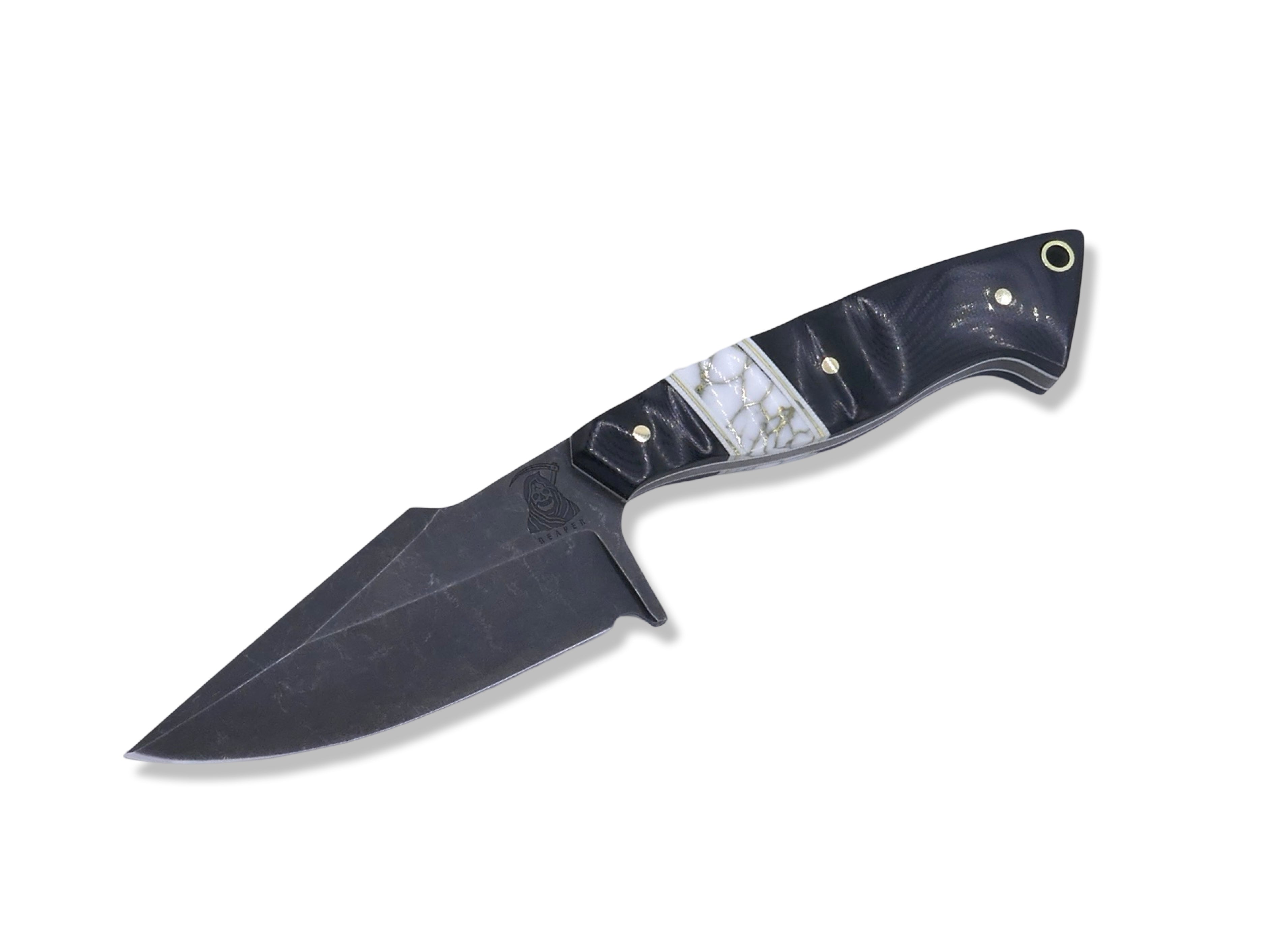 Reaper Custom 1 of 1  Harpoon Hollow Grind - Dark Stonewash / Black G-10 / White G-10 + Brass Splits / Tru Stone Inlay / White G-10 Liner