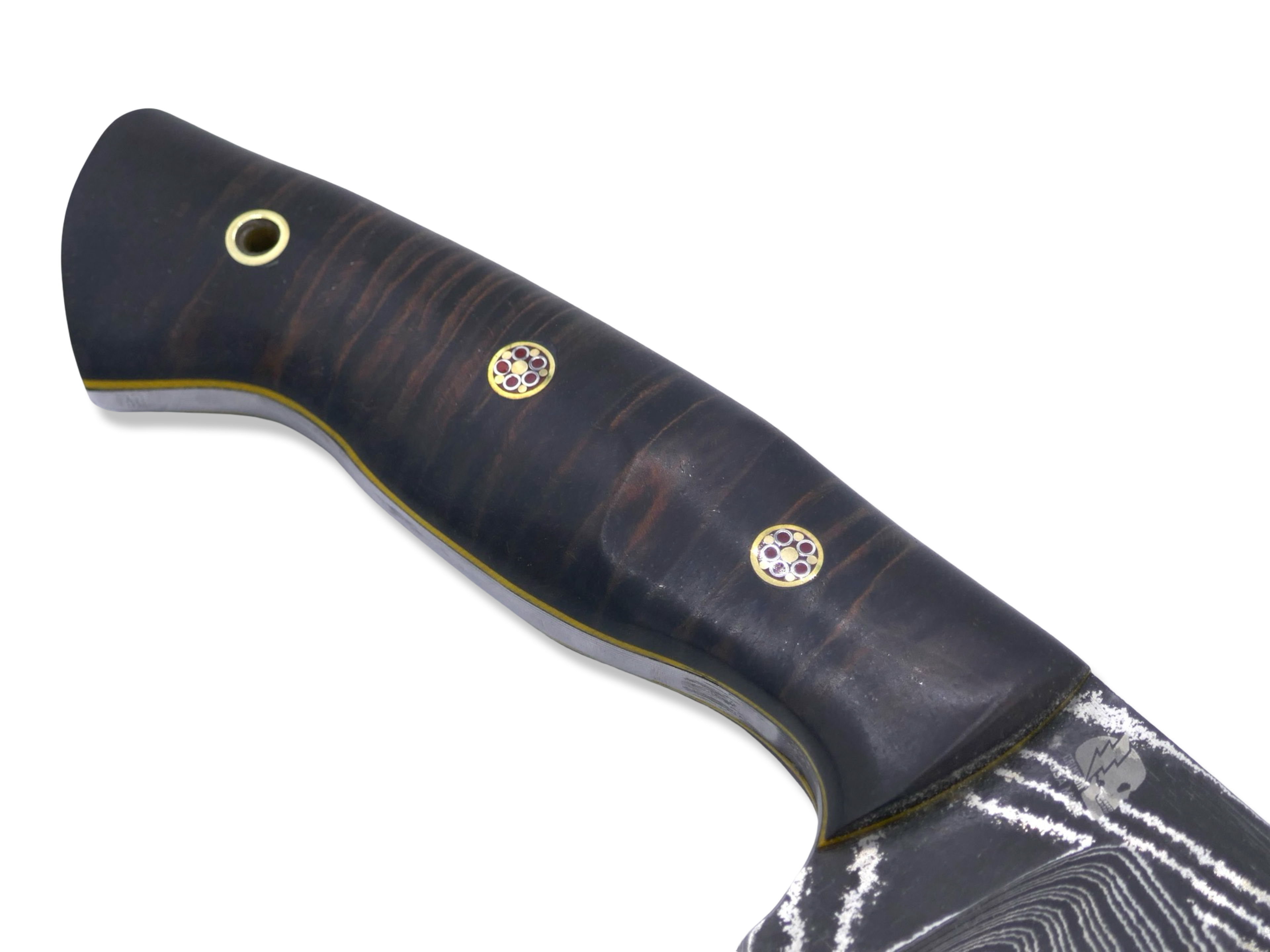 Bush Whacker Custom 1 of 1 - Vegas Forge Damascus / Hawaiian Koa / Brass Mosaic Pins / Yellow G-10 Liner