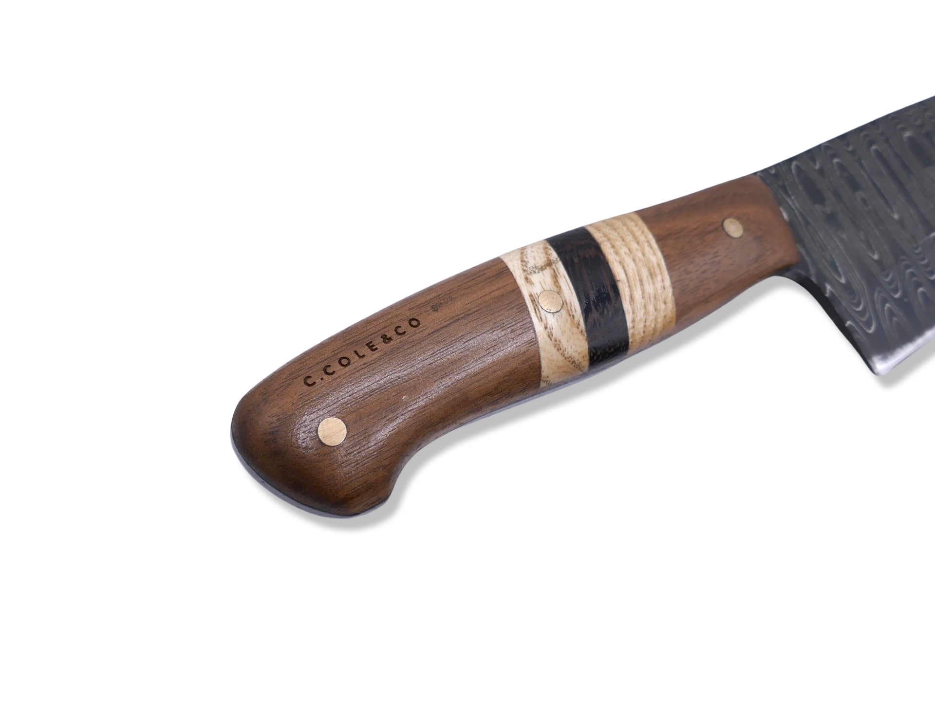 Damascus Kitchen Knife - Walnut / White Oak / Wenge / Brass Handle - Chris Cole Design - Crimson Tactical