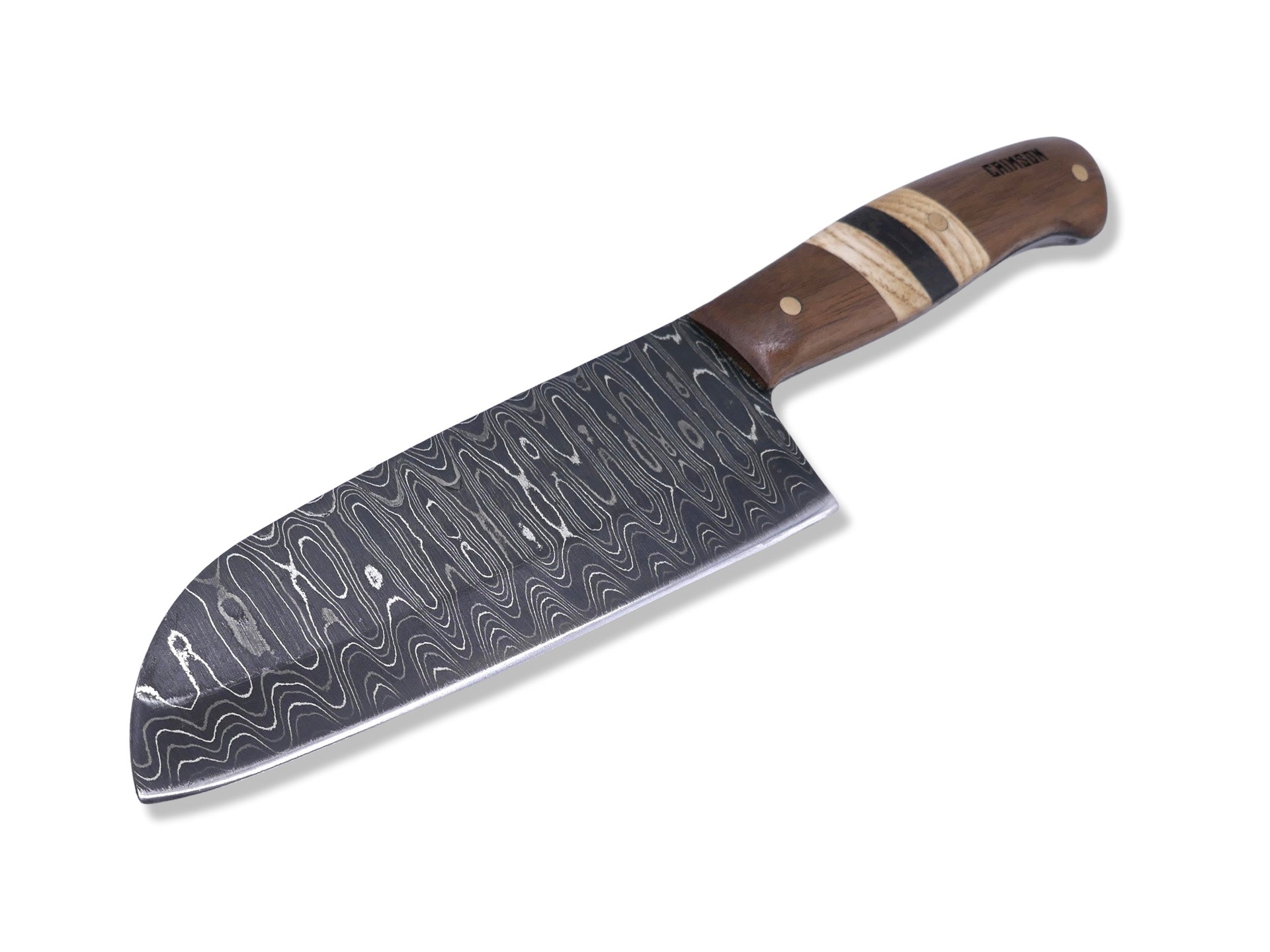Damascus Kitchen Knife - Walnut / White Oak / Wenge / Brass Handle - Chris Cole Design - Crimson Tactical