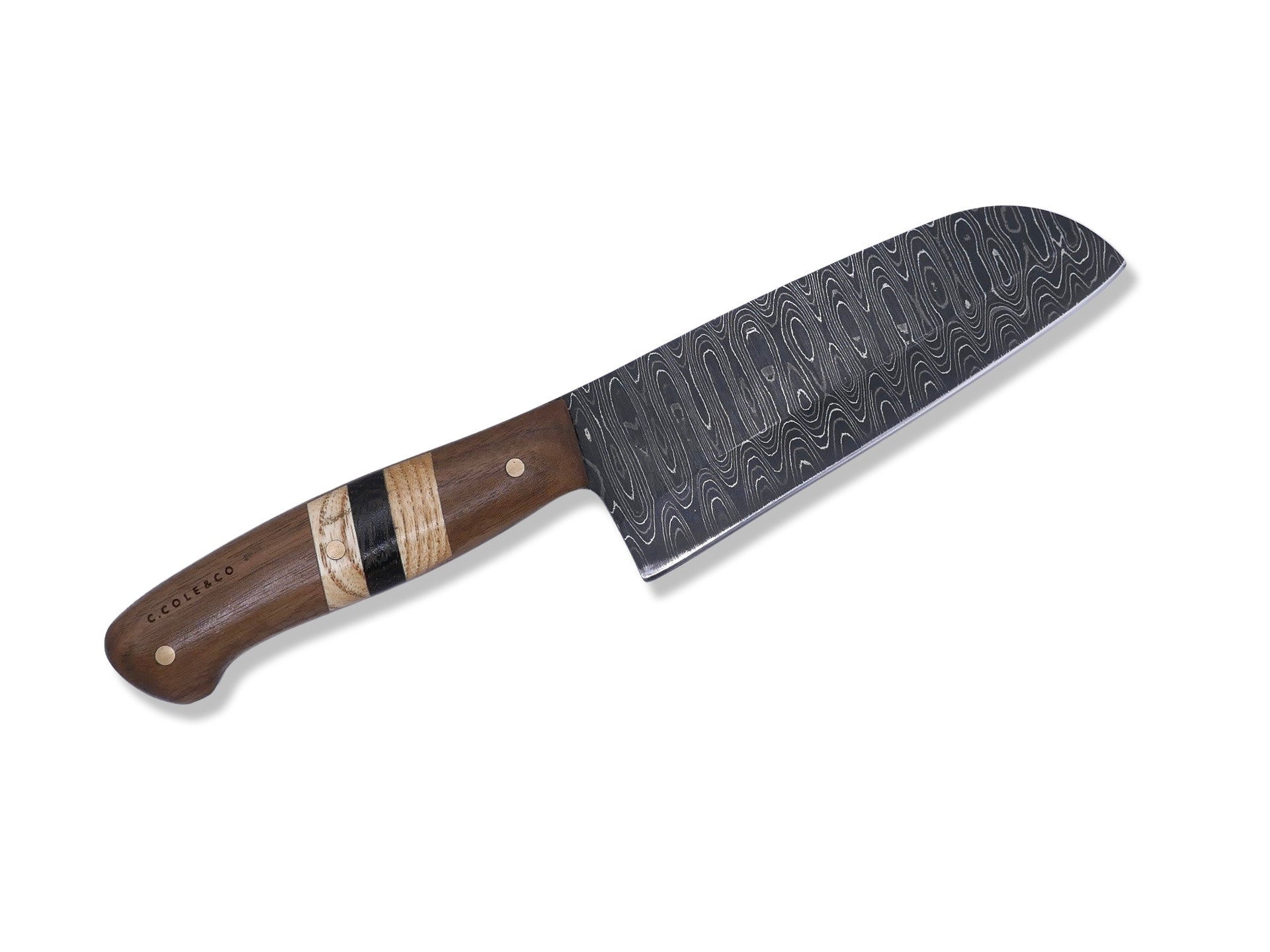 Damascus Kitchen Knife - Walnut / White Oak / Wenge / Brass Handle - Chris Cole Design - Crimson Tactical
