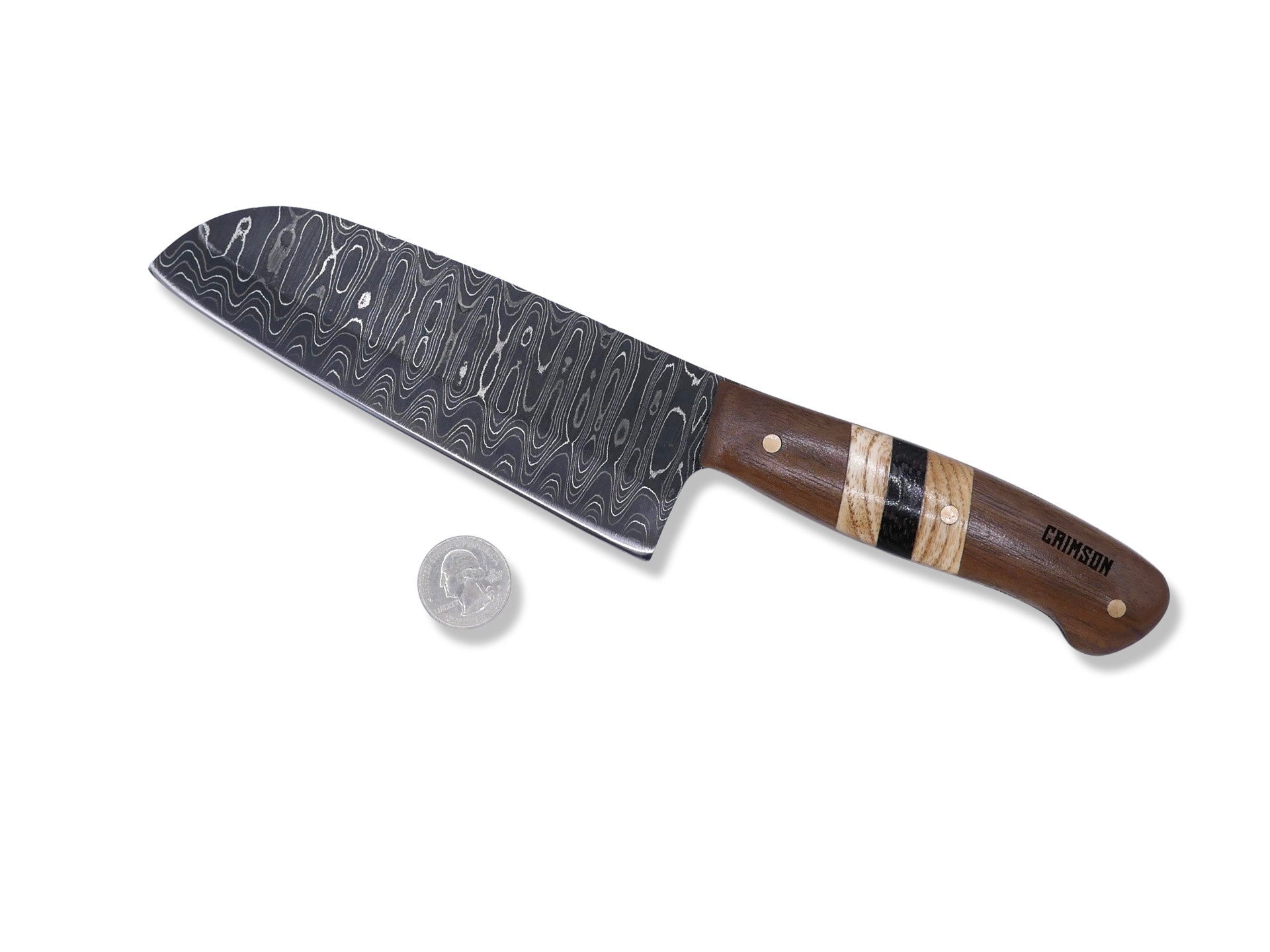 Damascus Kitchen Knife - Walnut / White Oak / Wenge / Brass Handle - Chris Cole Design - Crimson Tactical